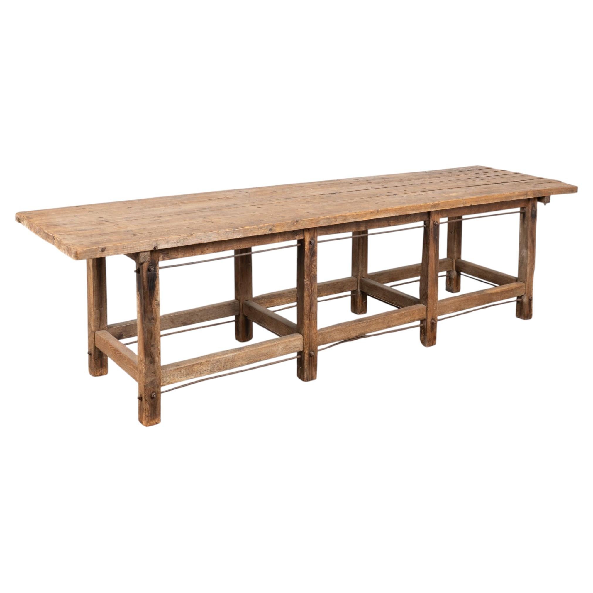 19th Century Long Rustic Work Console Table Kitchen Island For Sale
