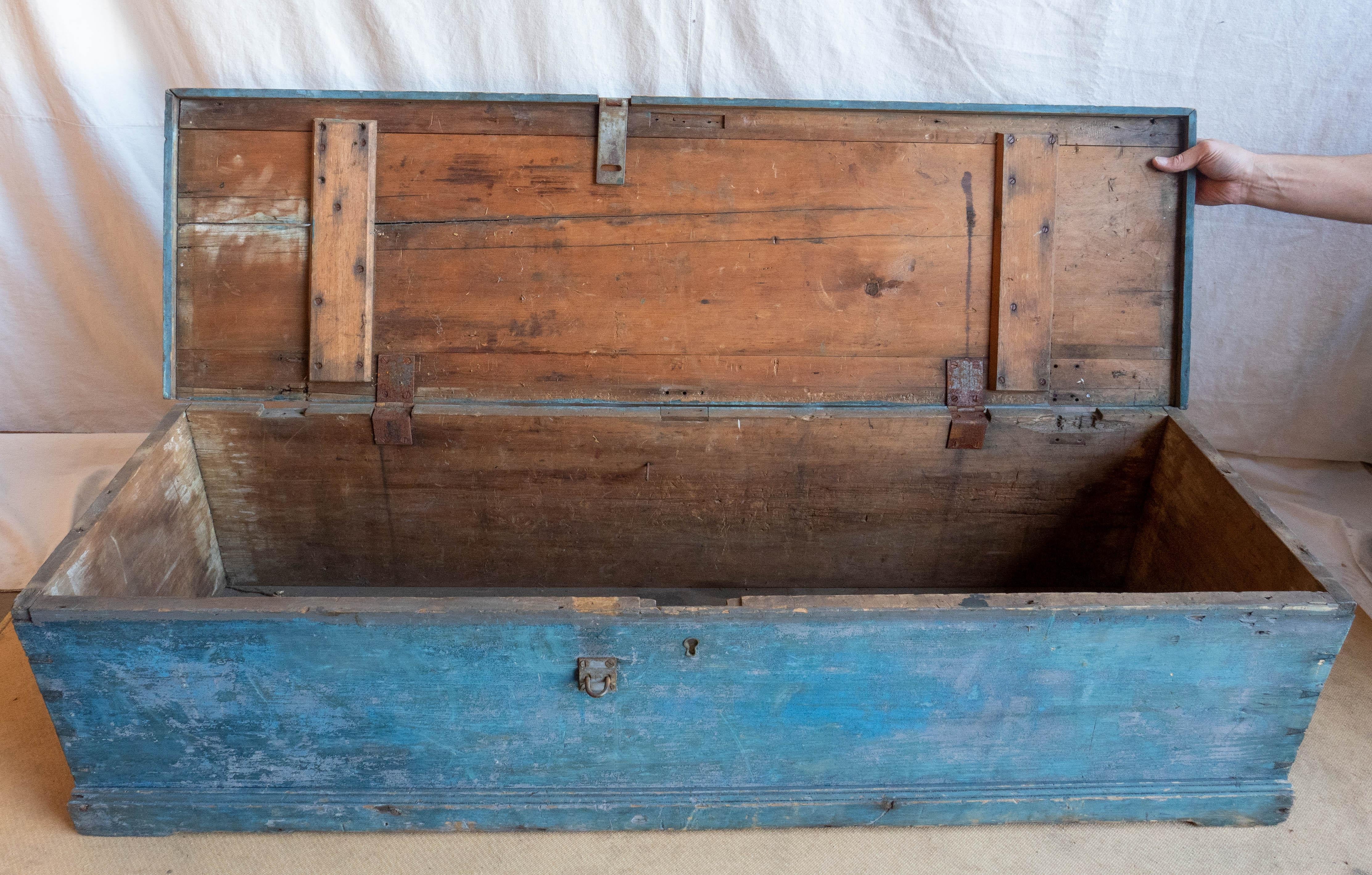 American 19th Century Long Sea Chest in Sky Blue Paint