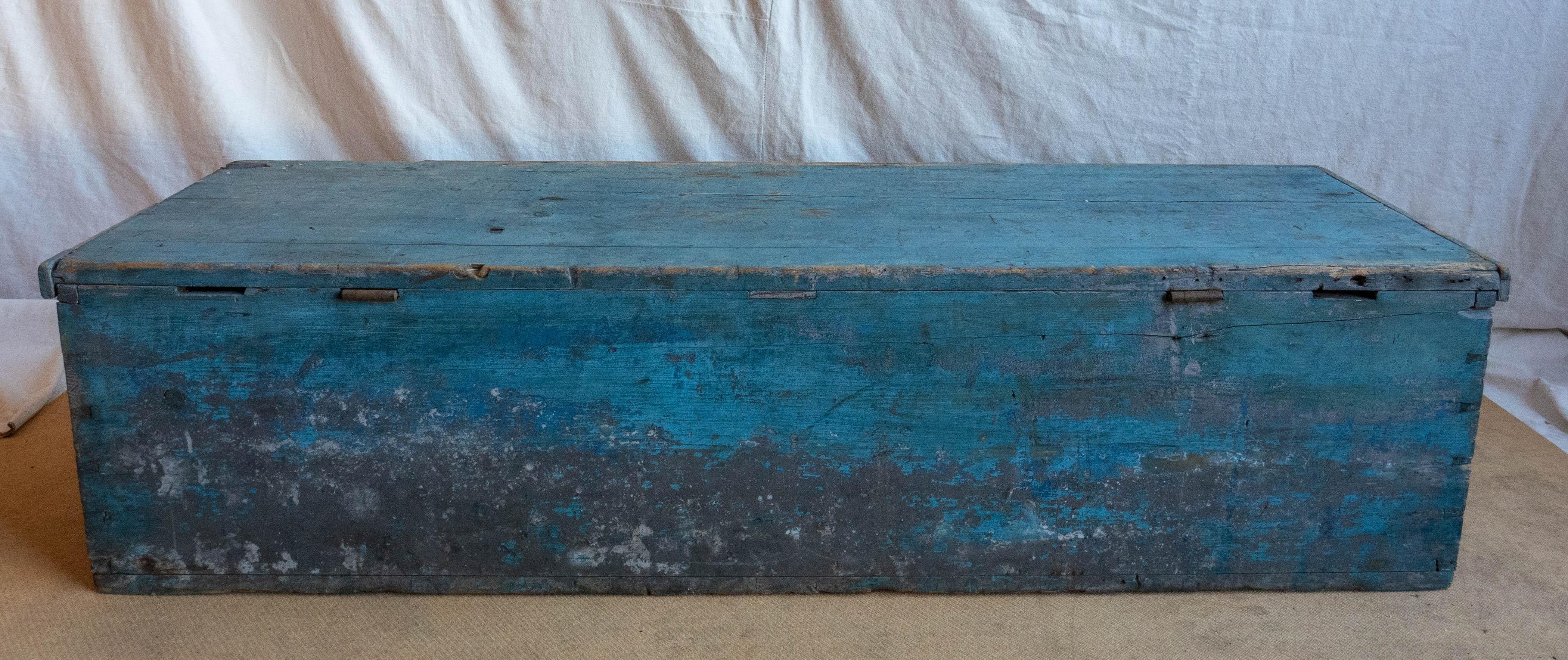 19th Century Long Sea Chest in Sky Blue Paint In Distressed Condition In Nantucket, MA