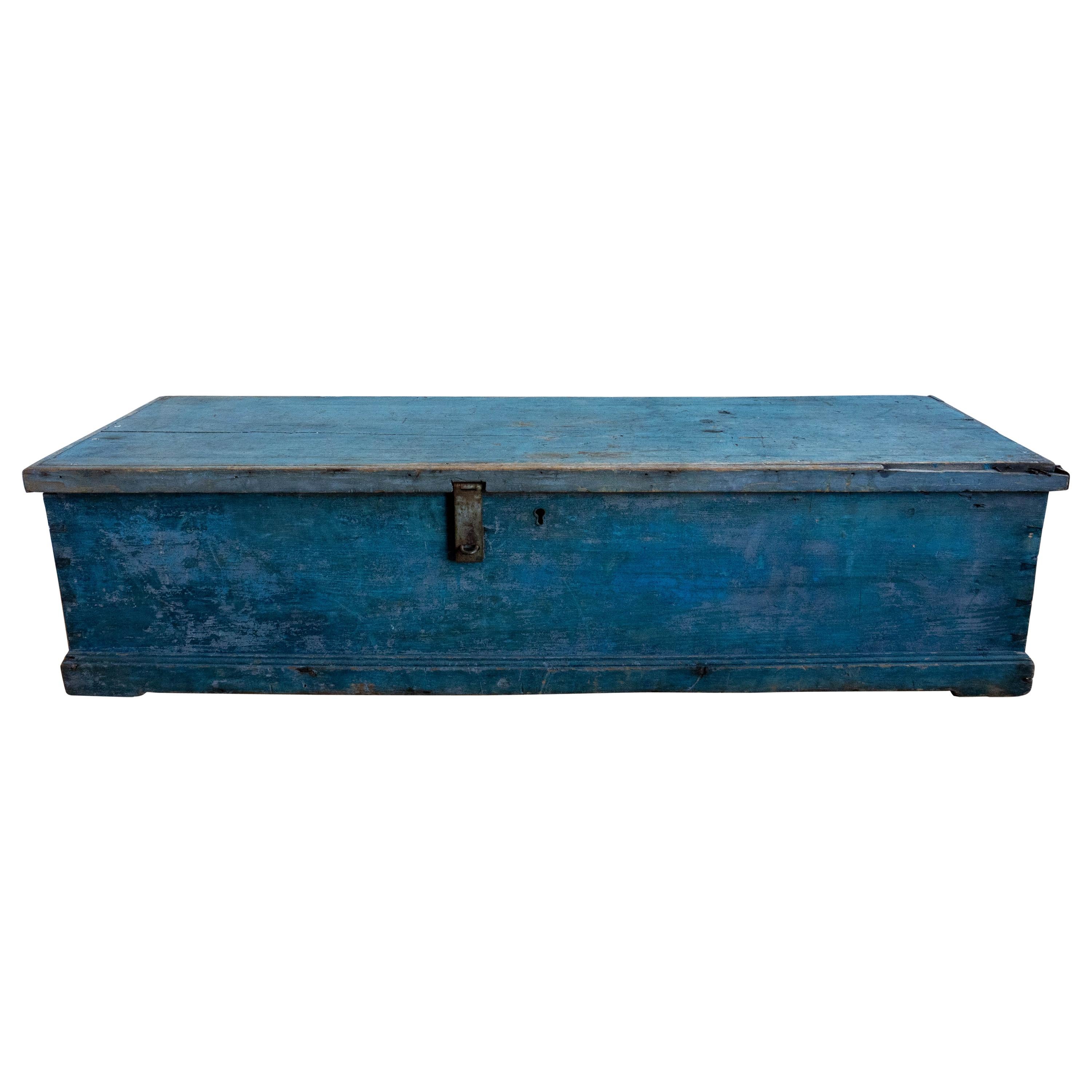 19th Century Long Sea Chest in Sky Blue Paint