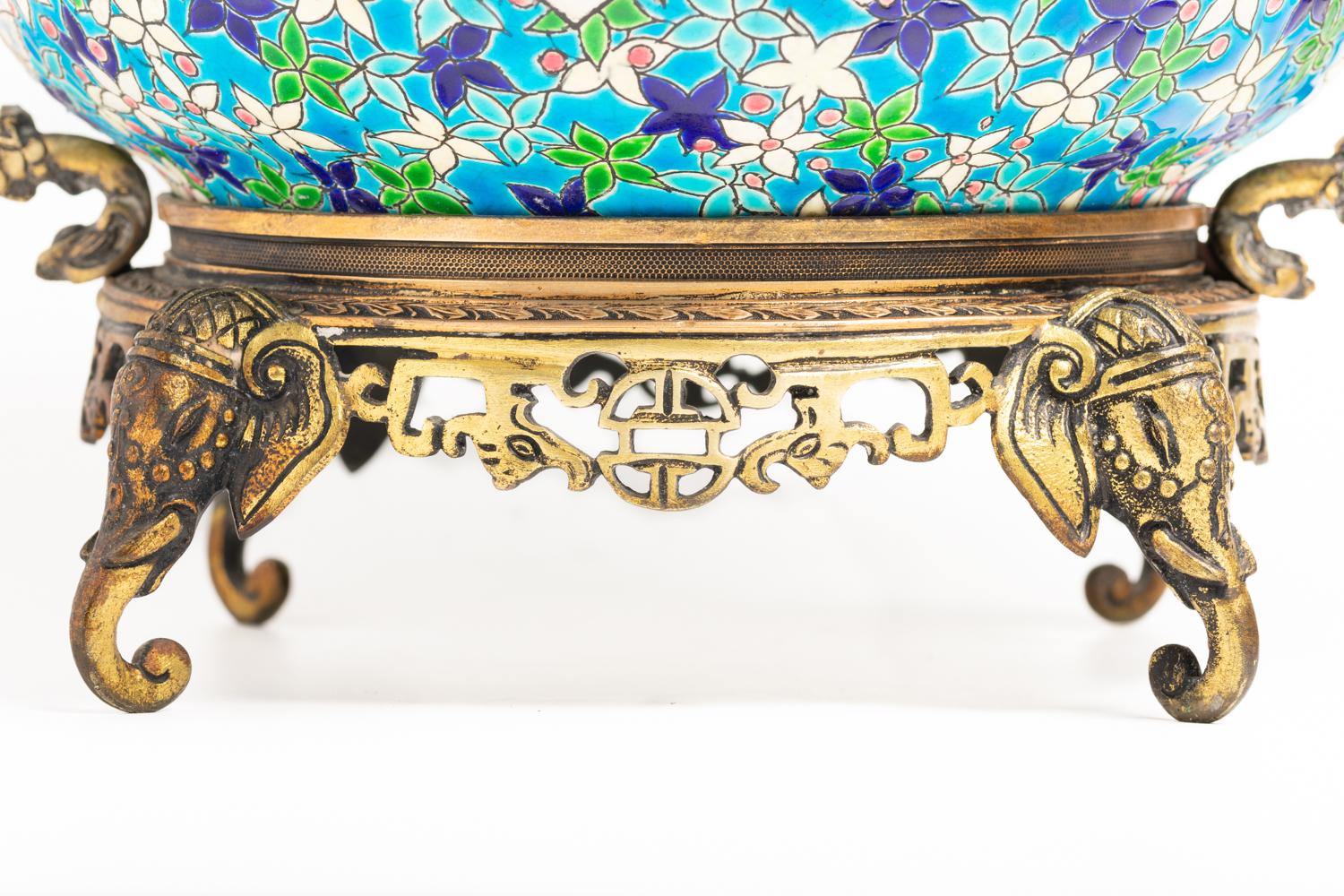 Women's or Men's Longwy Ceramic & Bronze Jardiniere, 19th century For Sale