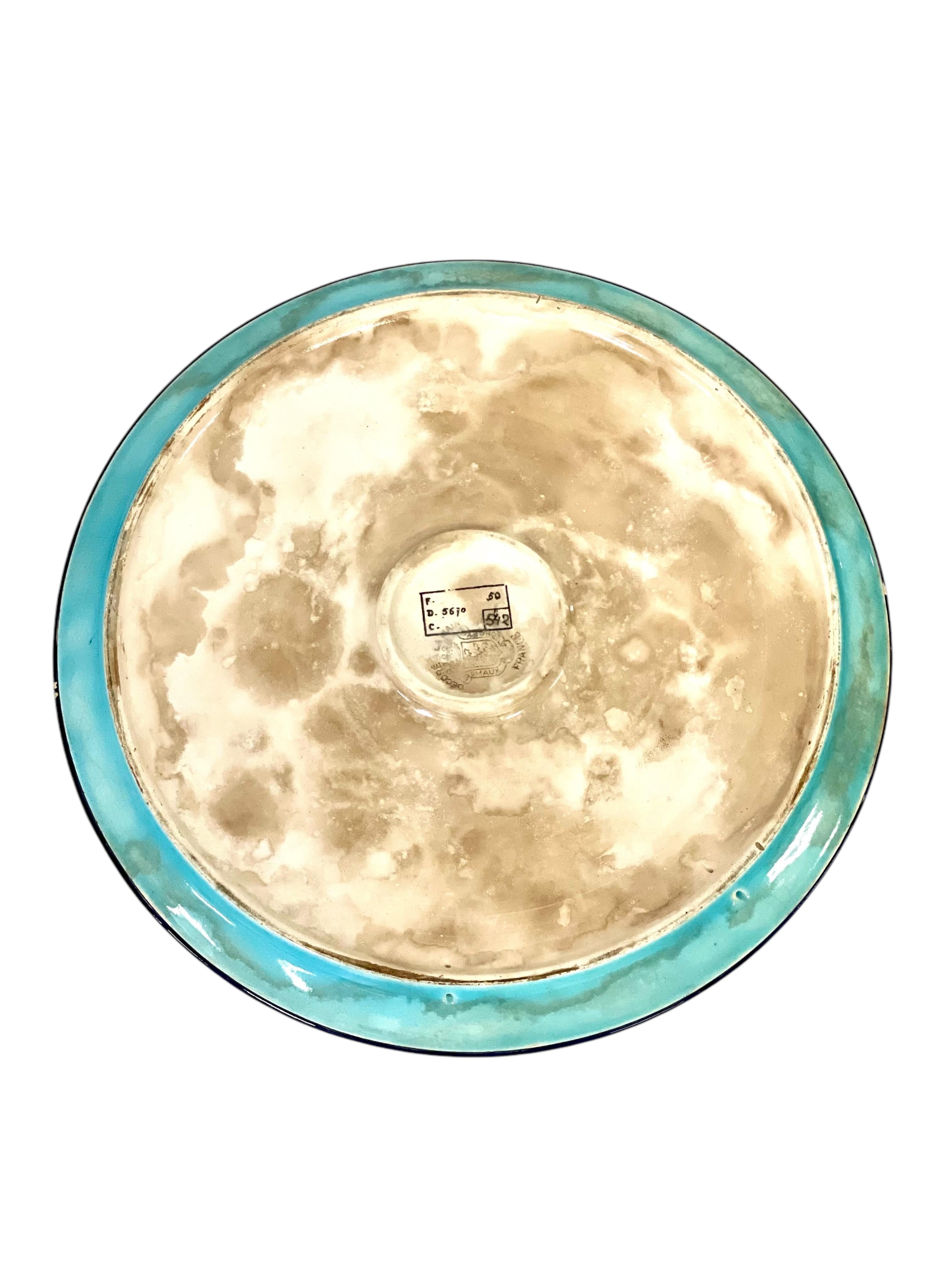 Plato de Cerámica Esmaltada Art Nouveau Longwy Turquesa Esmaltado en venta