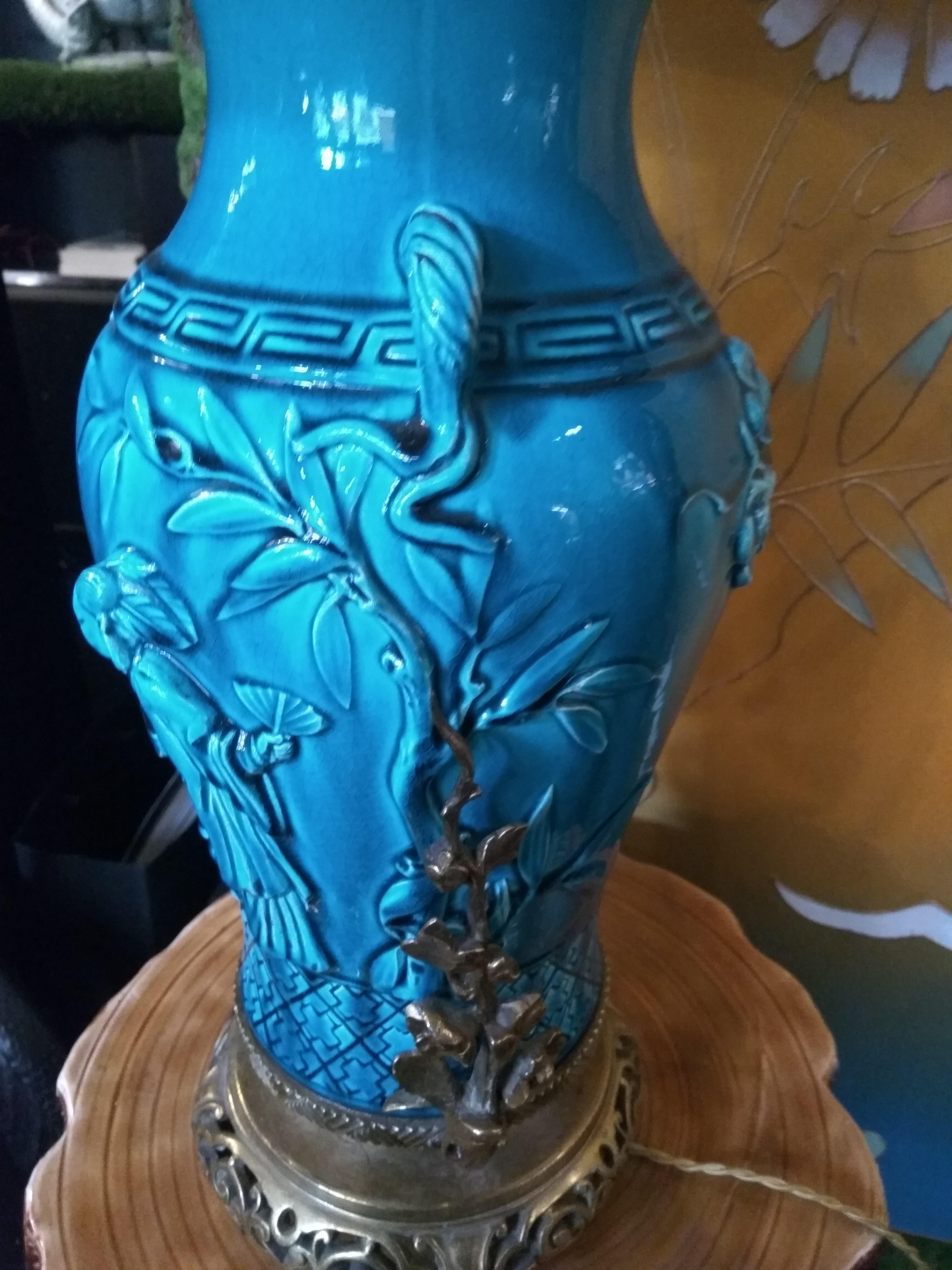Faience 19th Century Longwy Vase Mounted in Lamp For Sale
