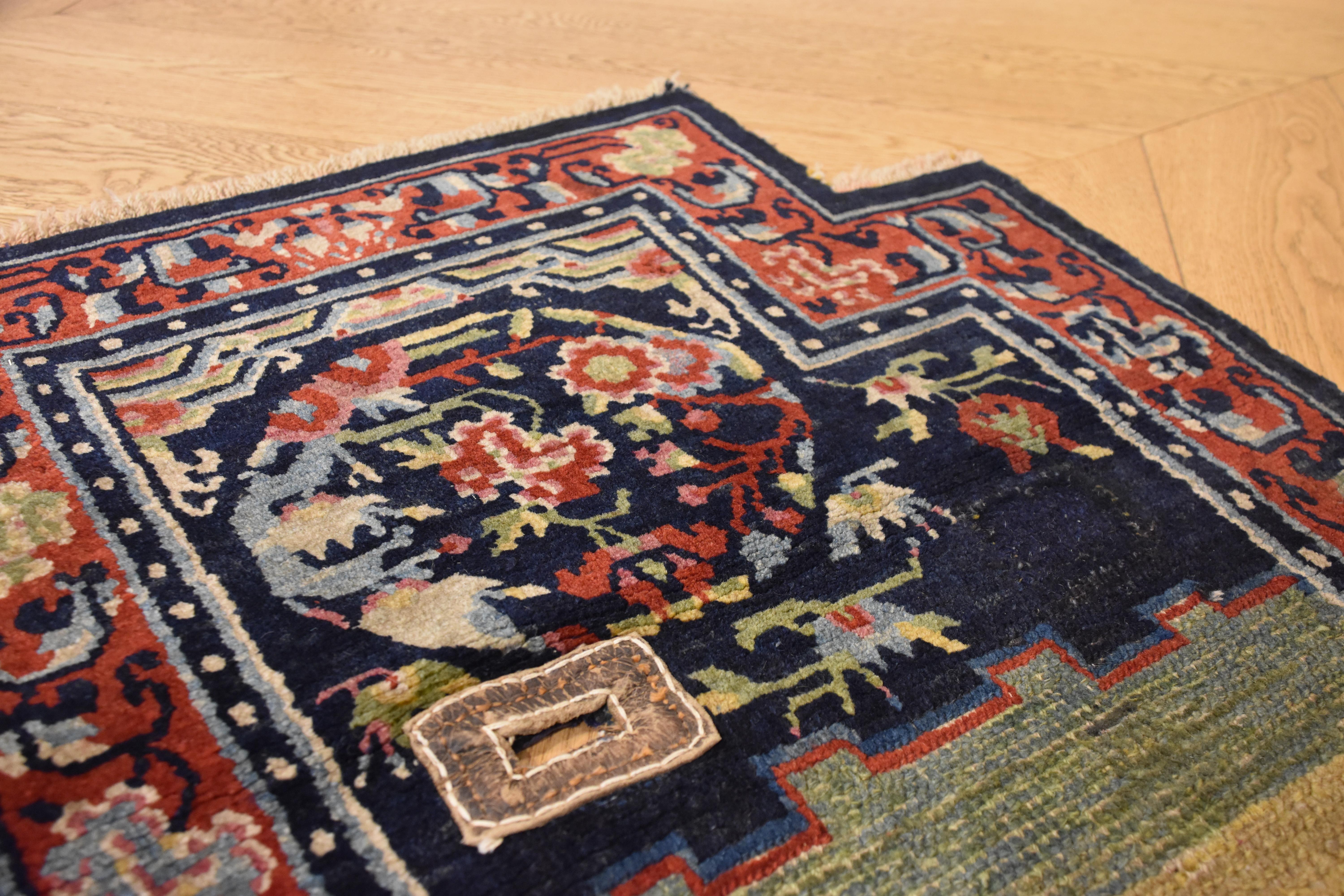 19th Century Peony Flower Medallions Blue Green and Red Saddle Horse Tibetan Rug For Sale 4