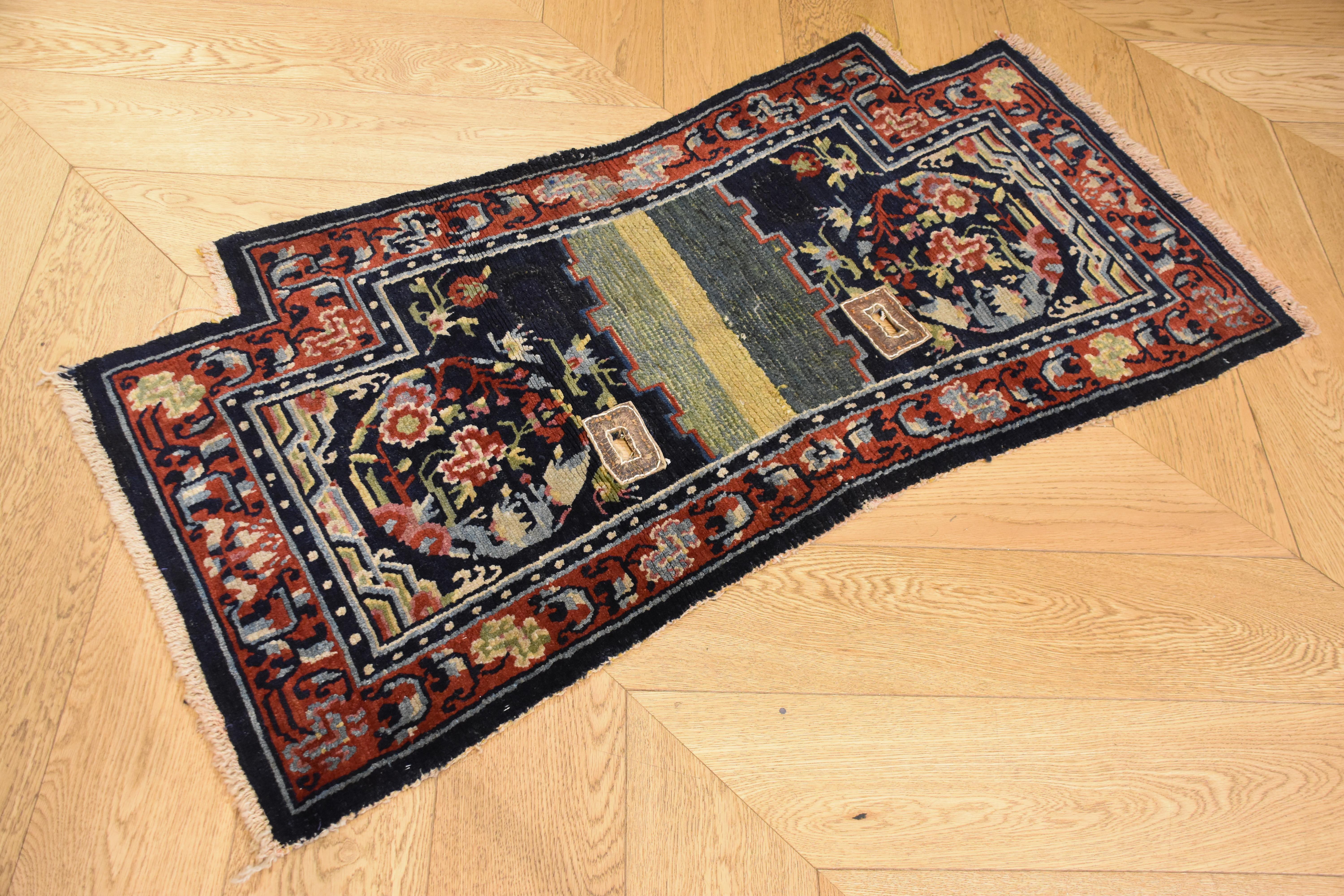 19th Century Peony Flower Medallions Blue Green and Red Saddle Horse Tibetan Rug For Sale 5