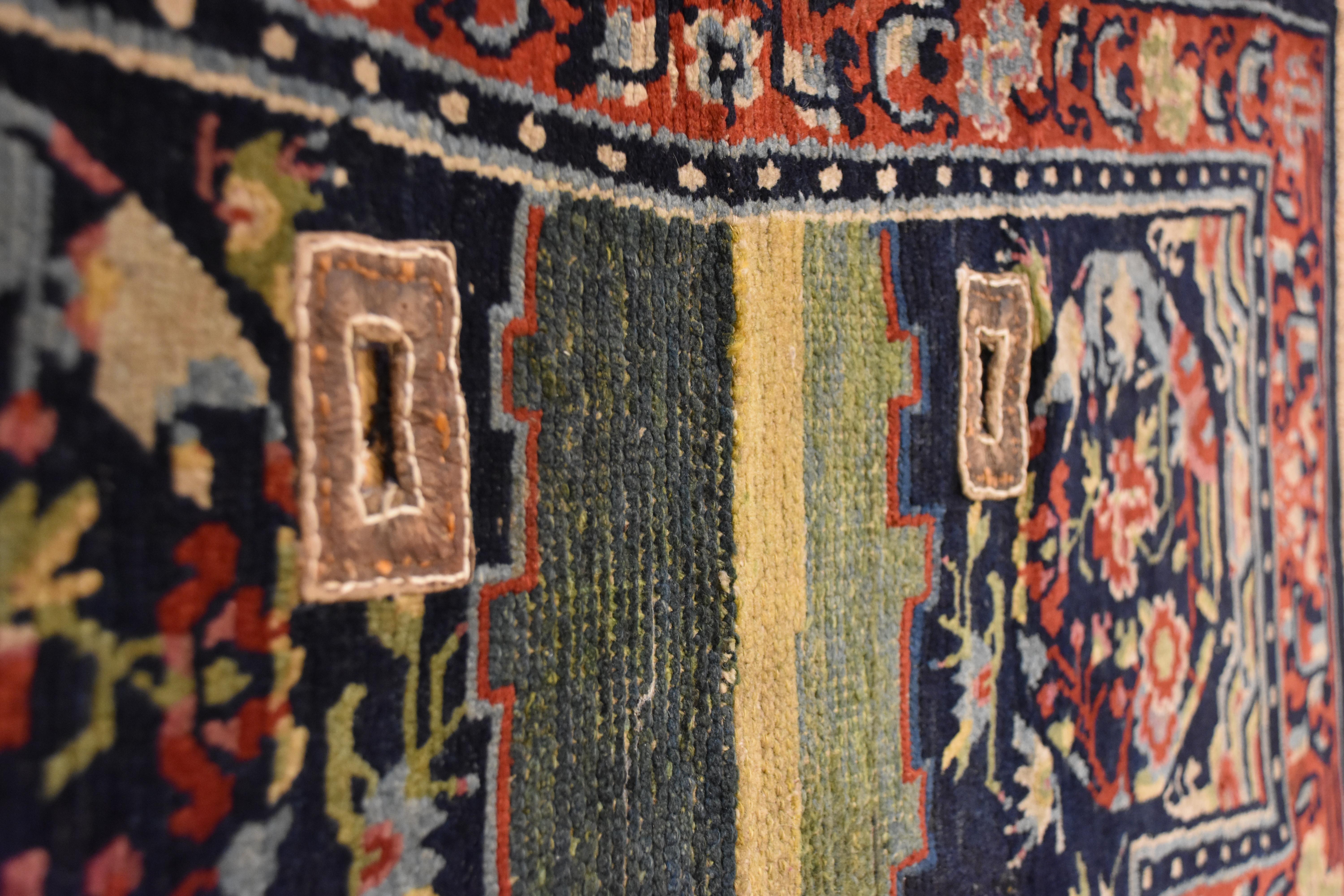 19th Century Peony Flower Medallions Blue Green and Red Saddle Horse Tibetan Rug In Good Condition For Sale In Firenze, IT