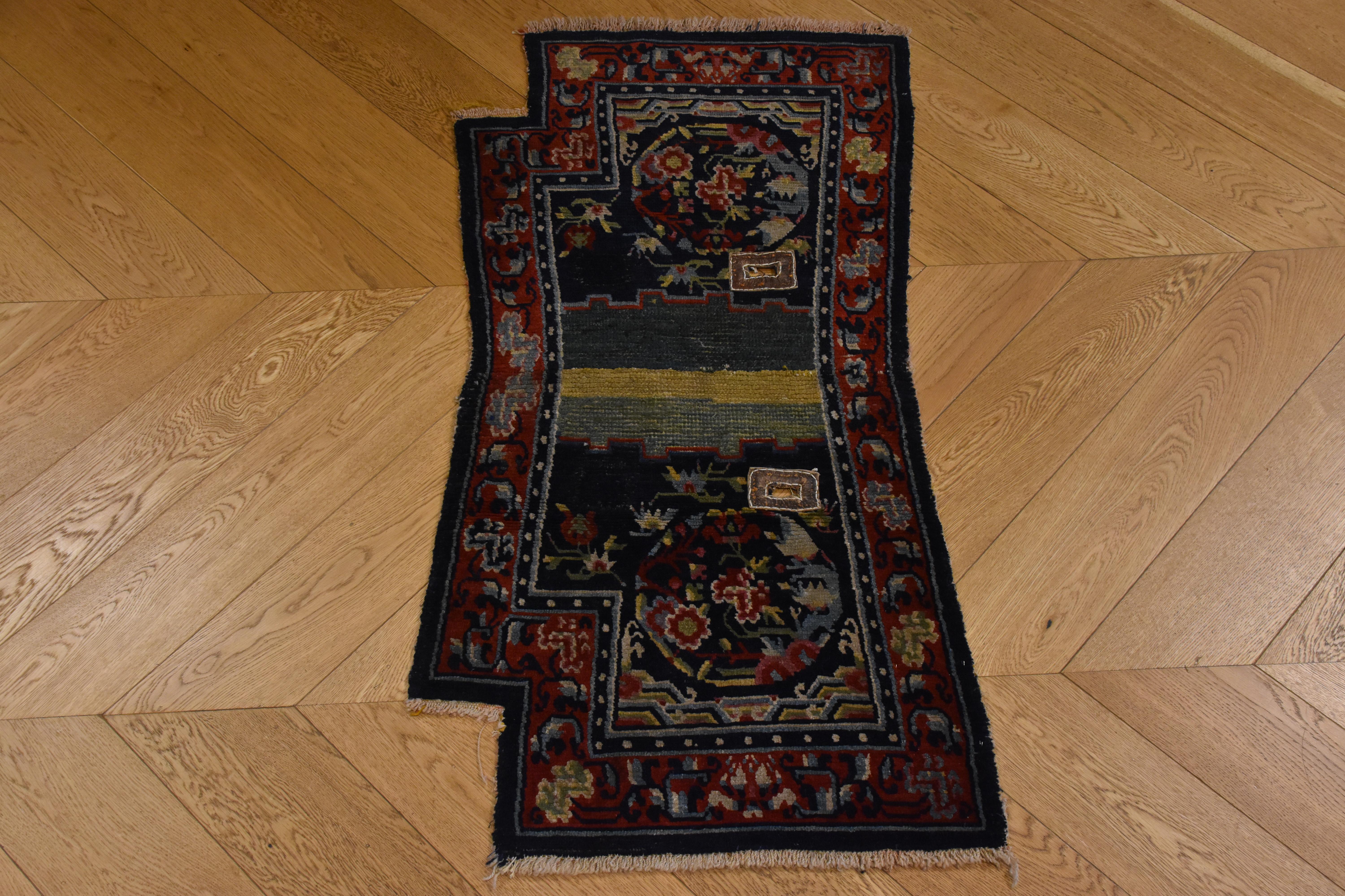 Wool 19th Century Peony Flower Medallions Blue Green and Red Saddle Horse Tibetan Rug For Sale
