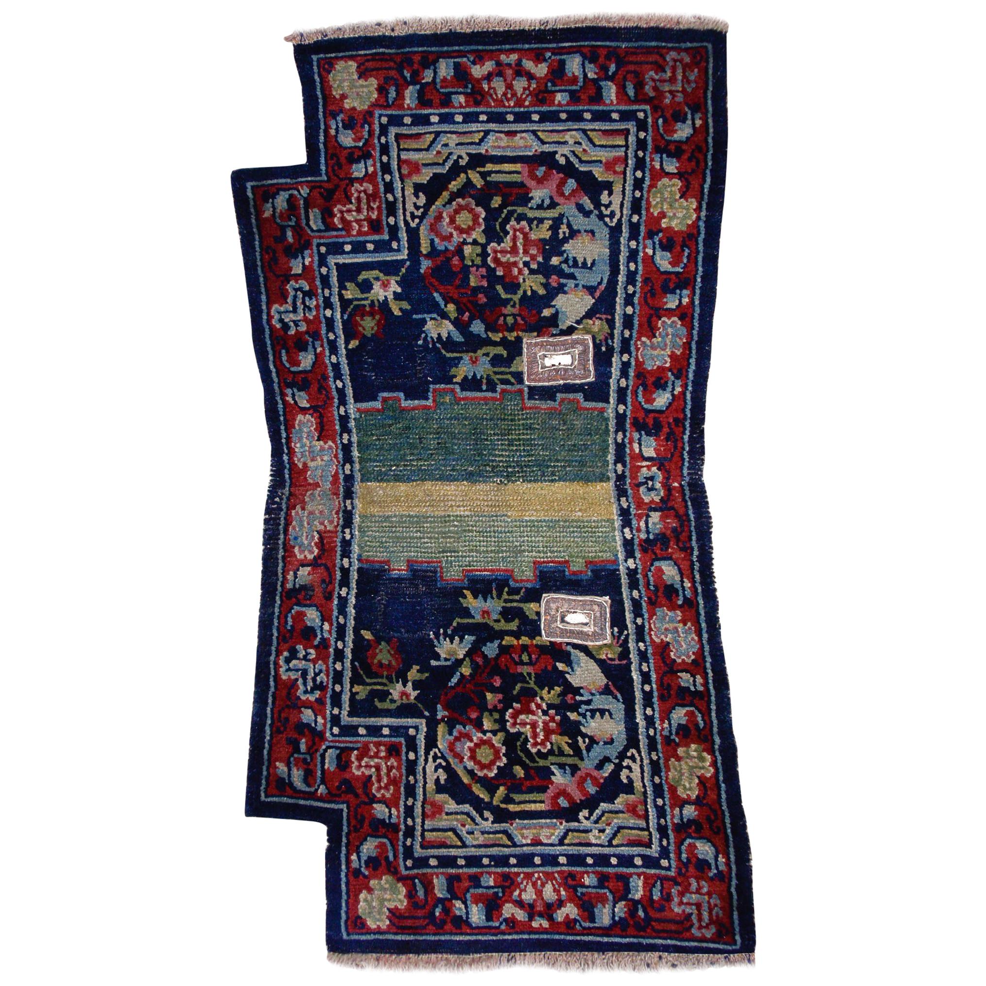 19th Century Peony Flower Medallions Blue Green and Red Saddle Horse Tibetan Rug For Sale