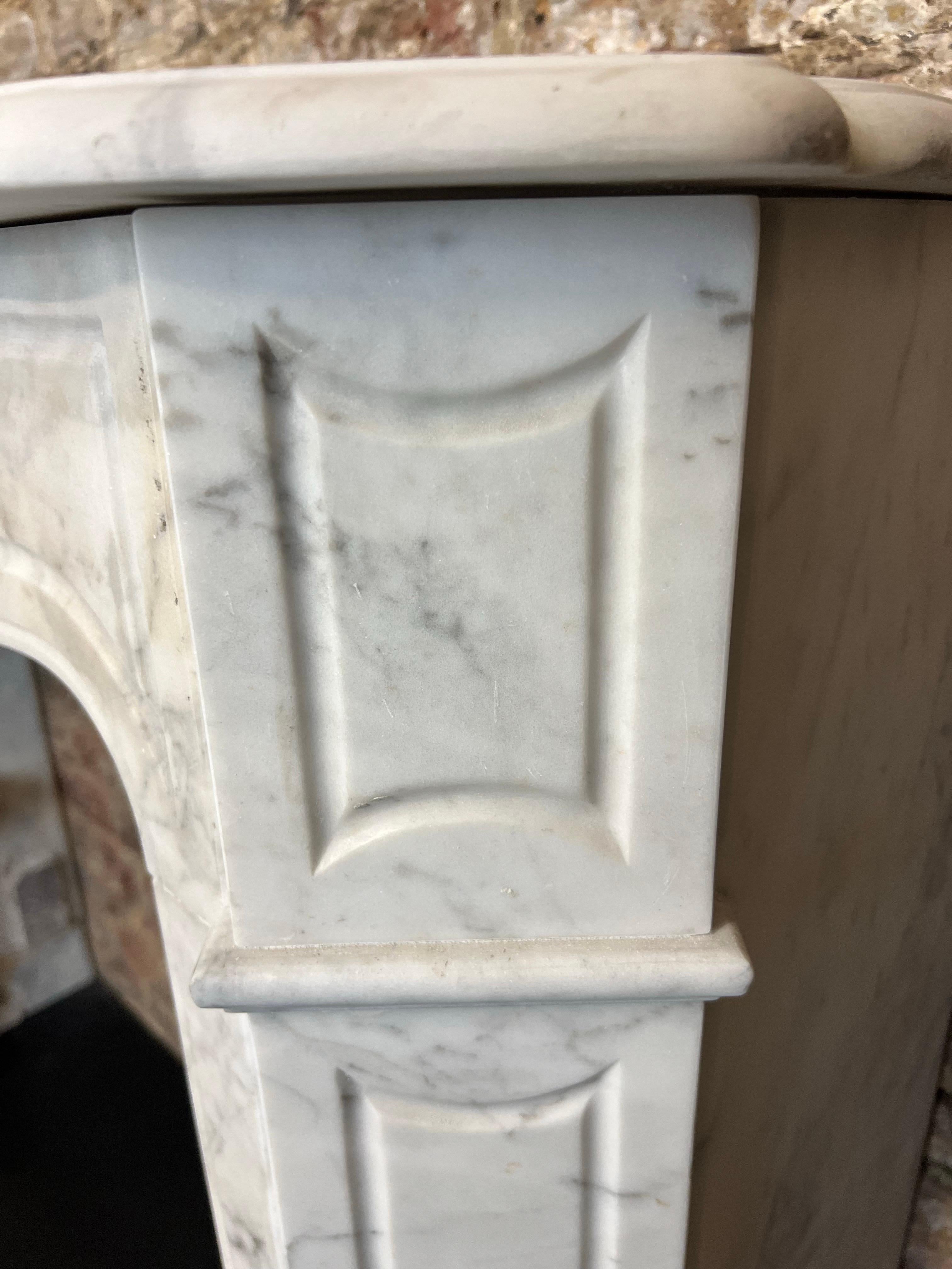 Intagliato a mano Caminetto Louis Petite in marmo di Carrara del XIX secolo in vendita