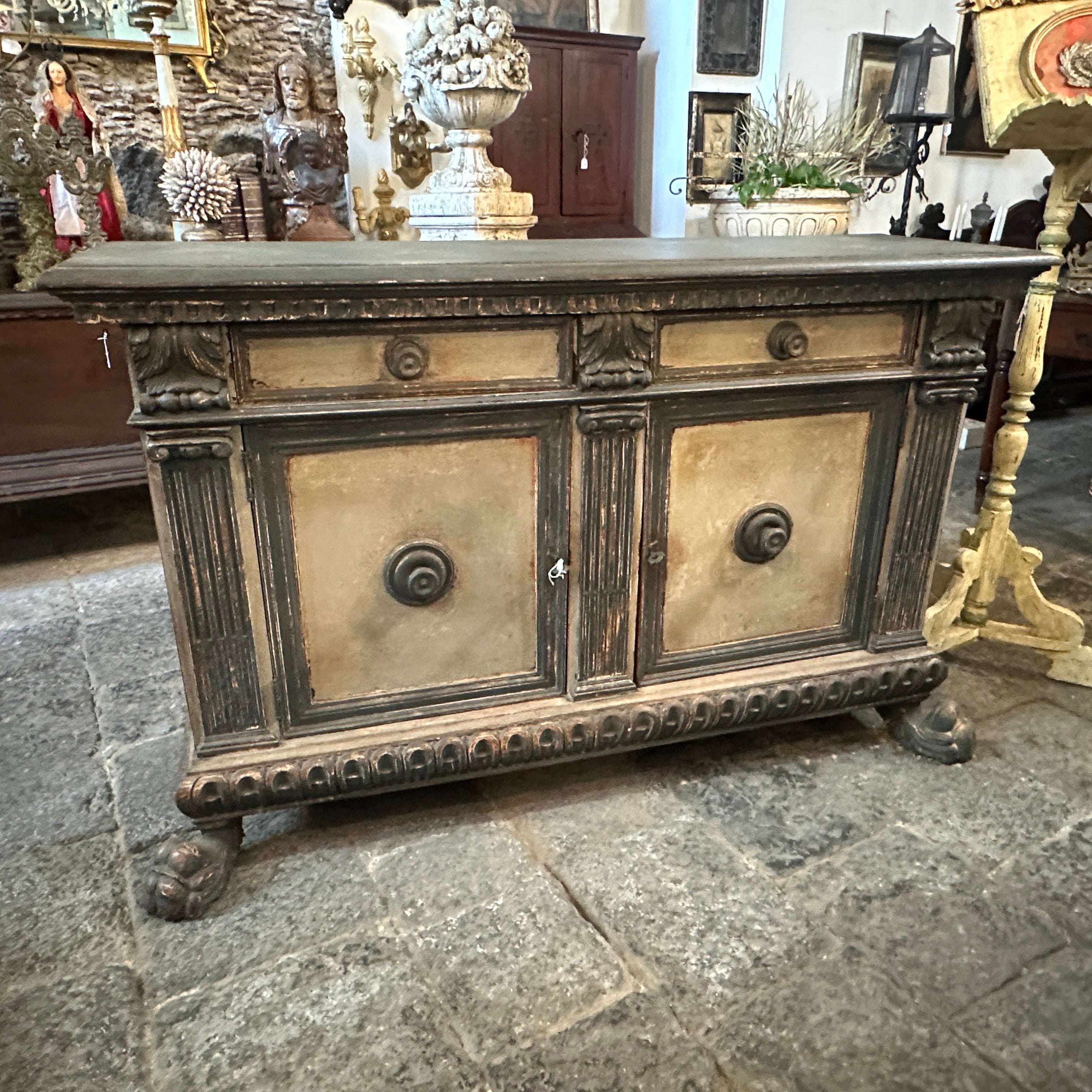A blue and white lacquered wood low credenza hand-crafted in Sicily in the late 19th century, furniture it's in original conditions with signs due to use and age. This Sicilian Credenza is a remarkable piece of furniture that embodies the style and