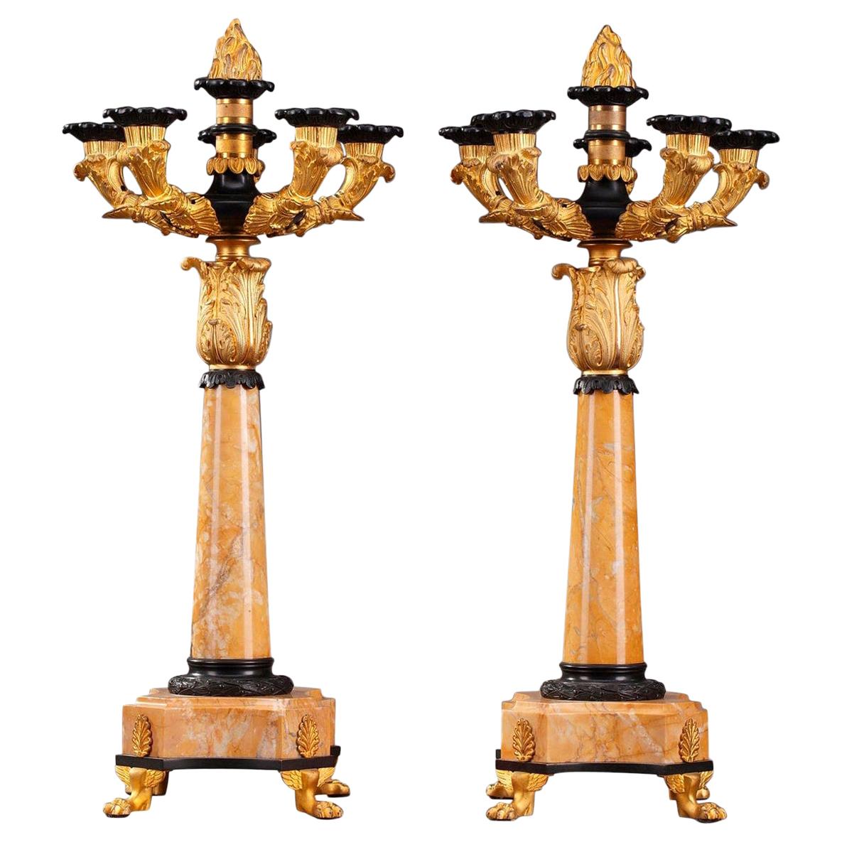 19th Century Louis-Philippe Bronze and Sienna Marble Candelabras