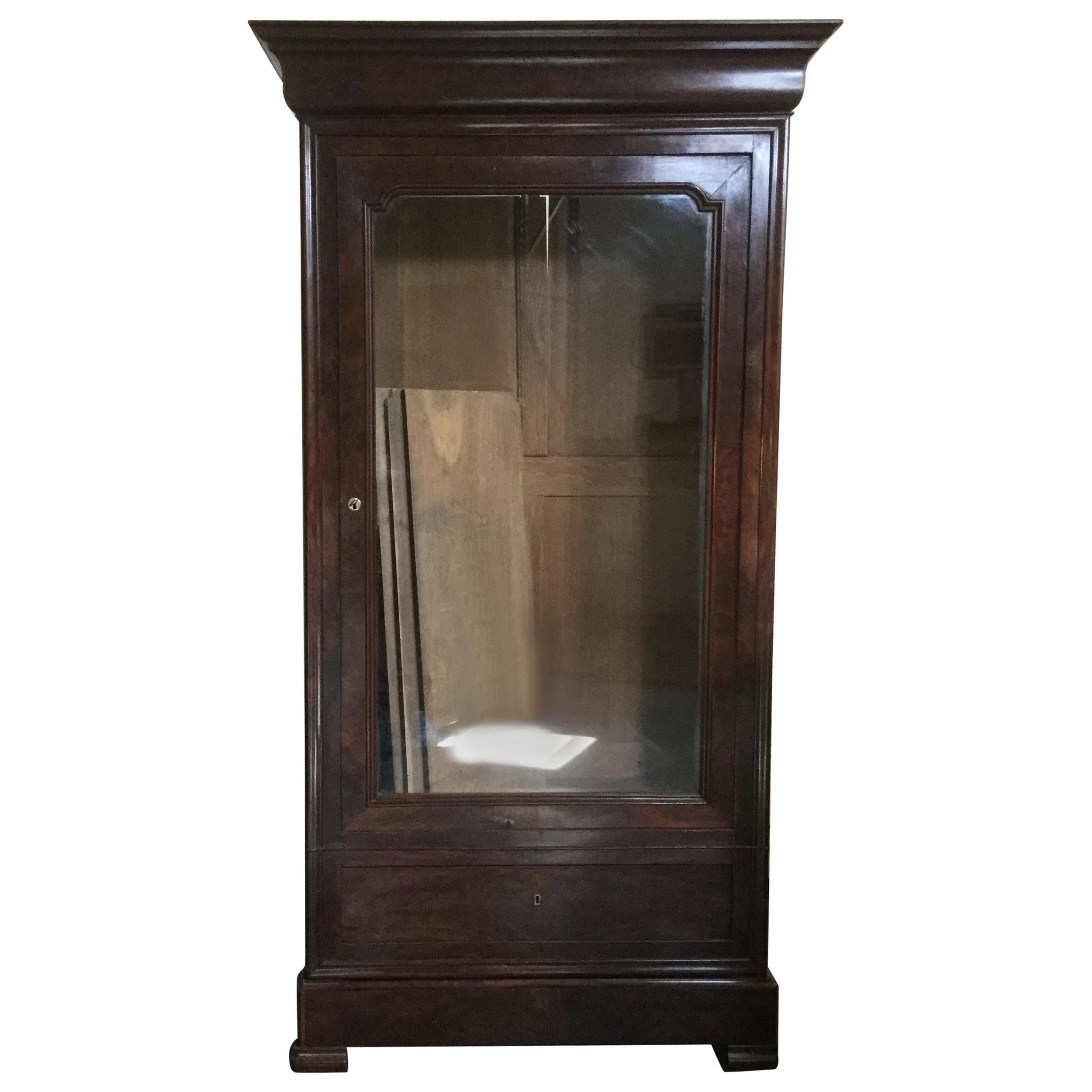 19th Century Louis-Philippe Burled Mahogany Armoire/Bookcase with Glass Door For Sale