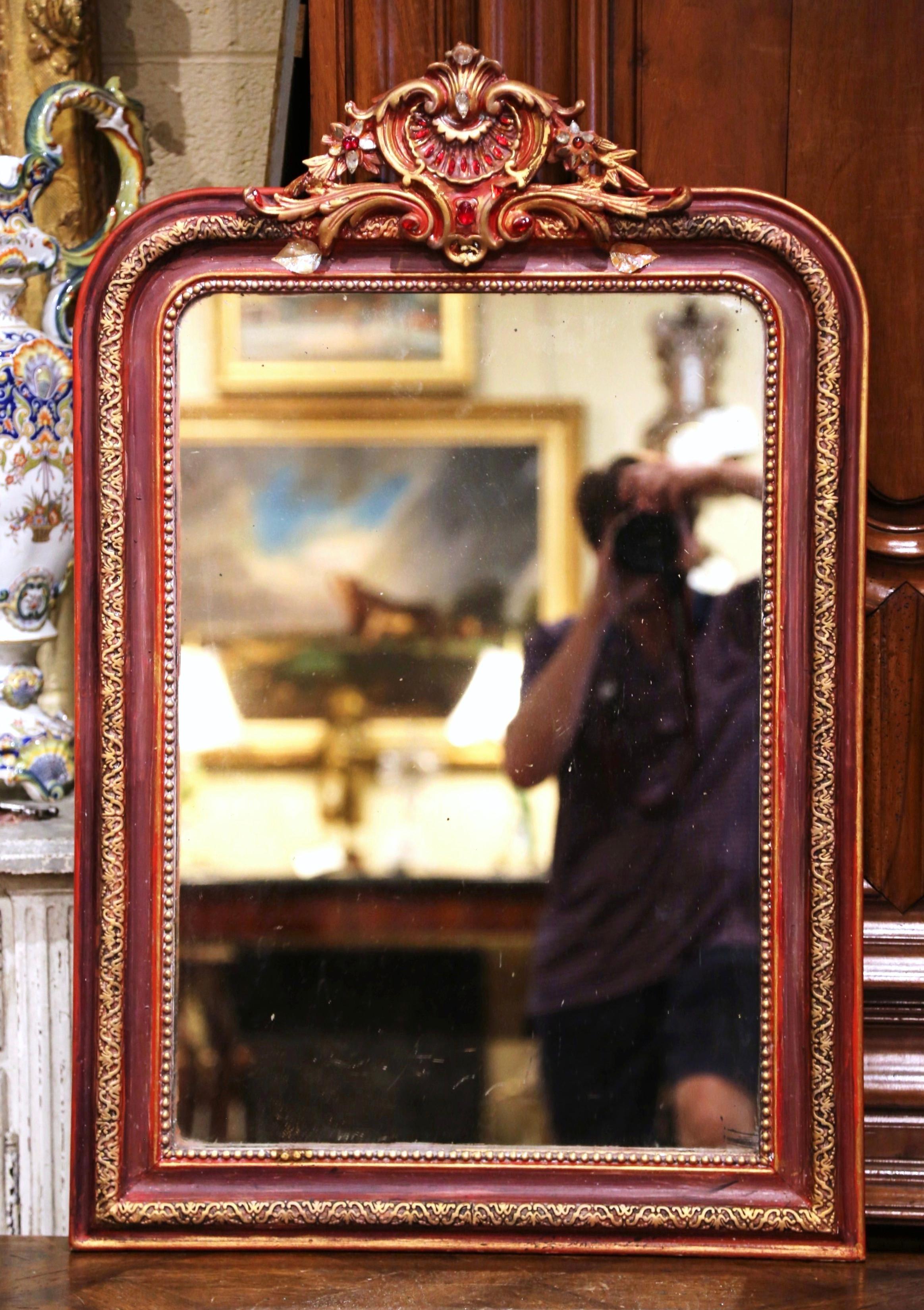 Hand-Carved 19th Century Louis Philippe Carved Red Painted Mirror with Rocaille Crest