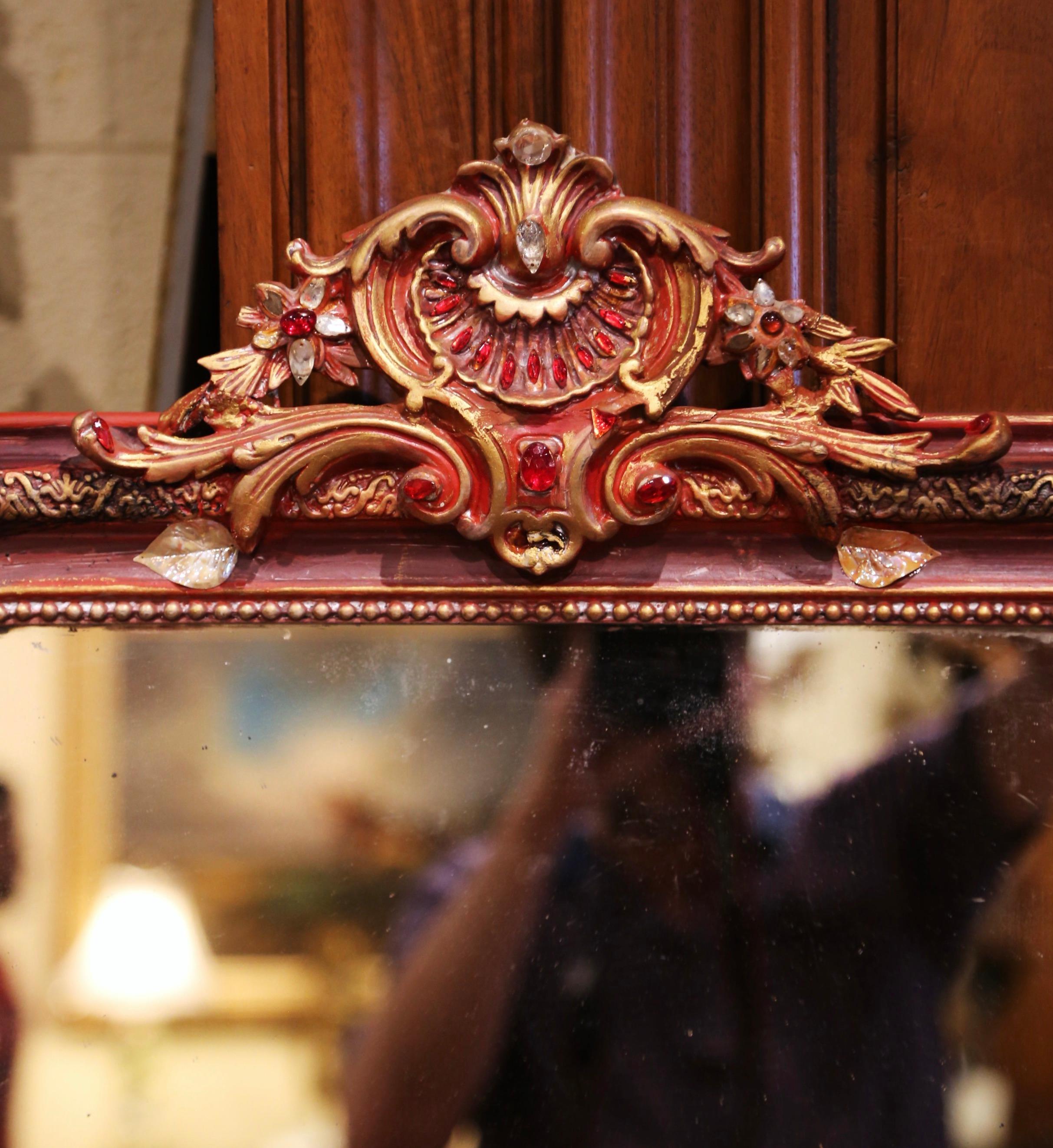 19th Century Louis Philippe Carved Red Painted Mirror with Rocaille Crest In Excellent Condition In Dallas, TX