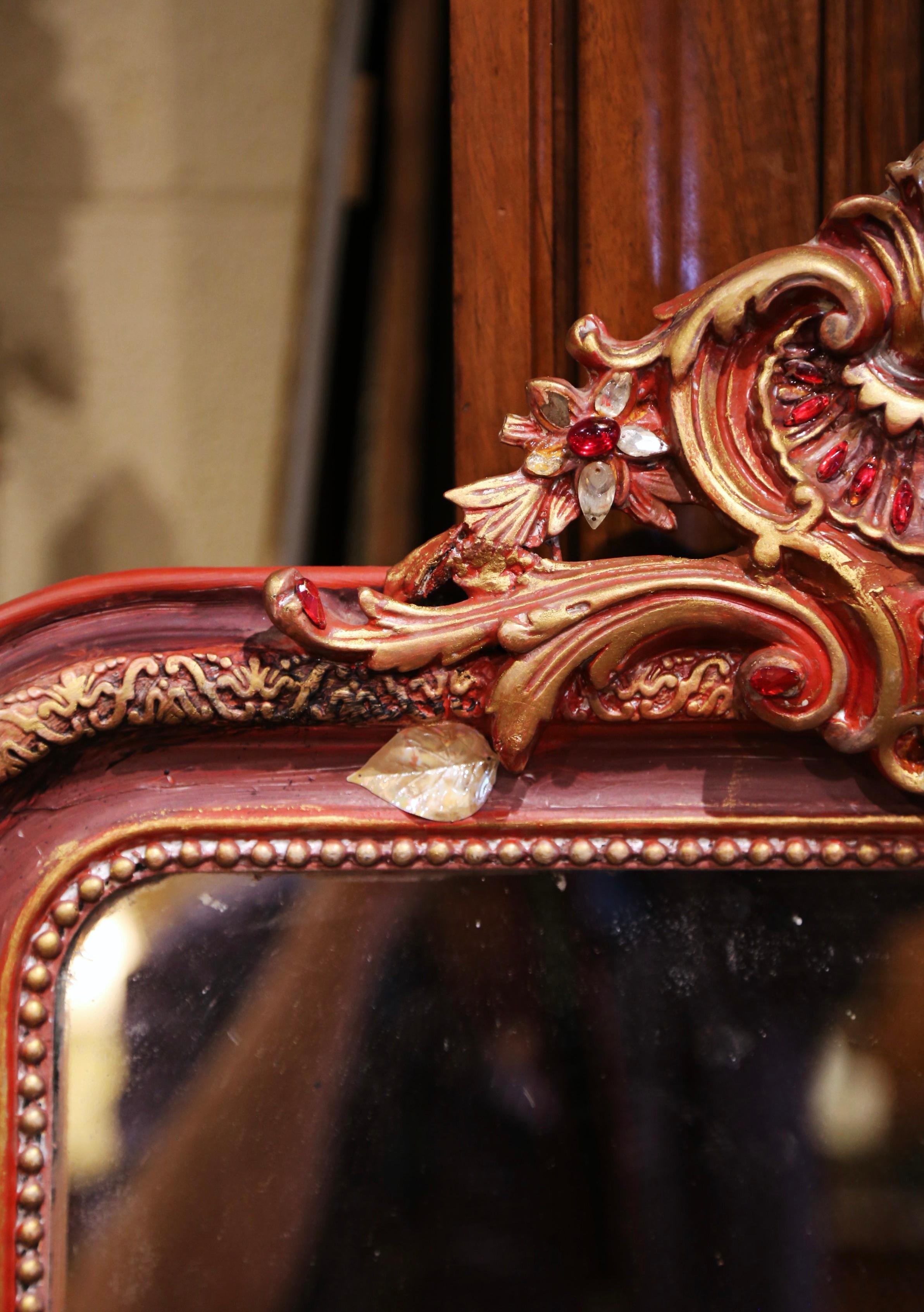 Mercury Glass 19th Century Louis Philippe Carved Red Painted Mirror with Rocaille Crest