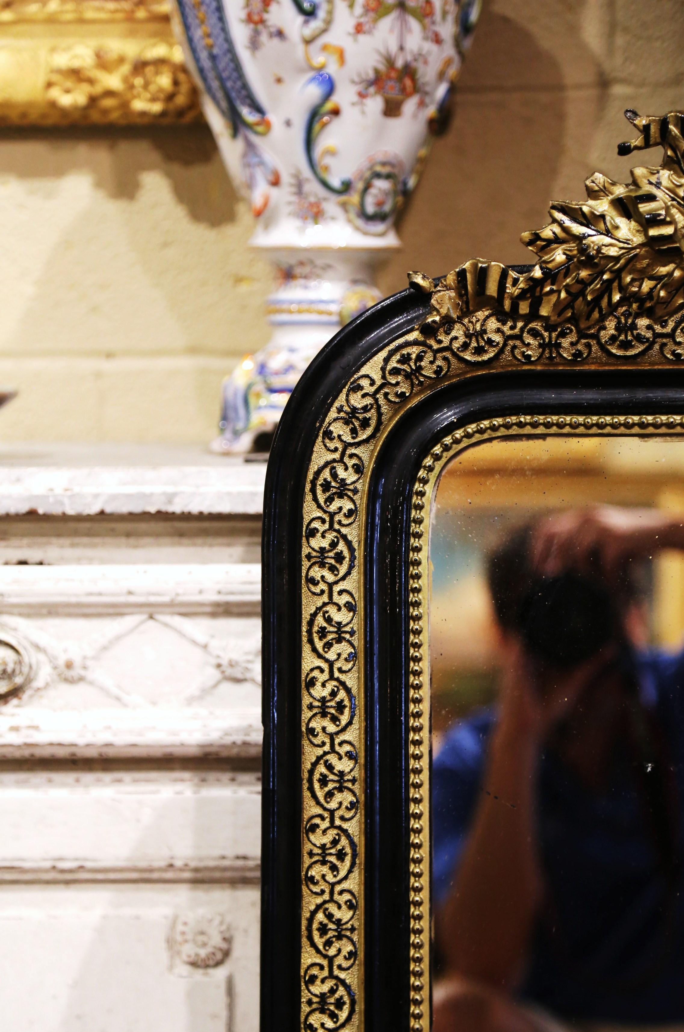 19th Century Louis Philippe Carved Two-Tone Blackened and Gilt Wall Mirror In Excellent Condition In Dallas, TX