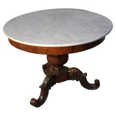 19th Century Round Dining Table with white marble top, Italian Carrara marble