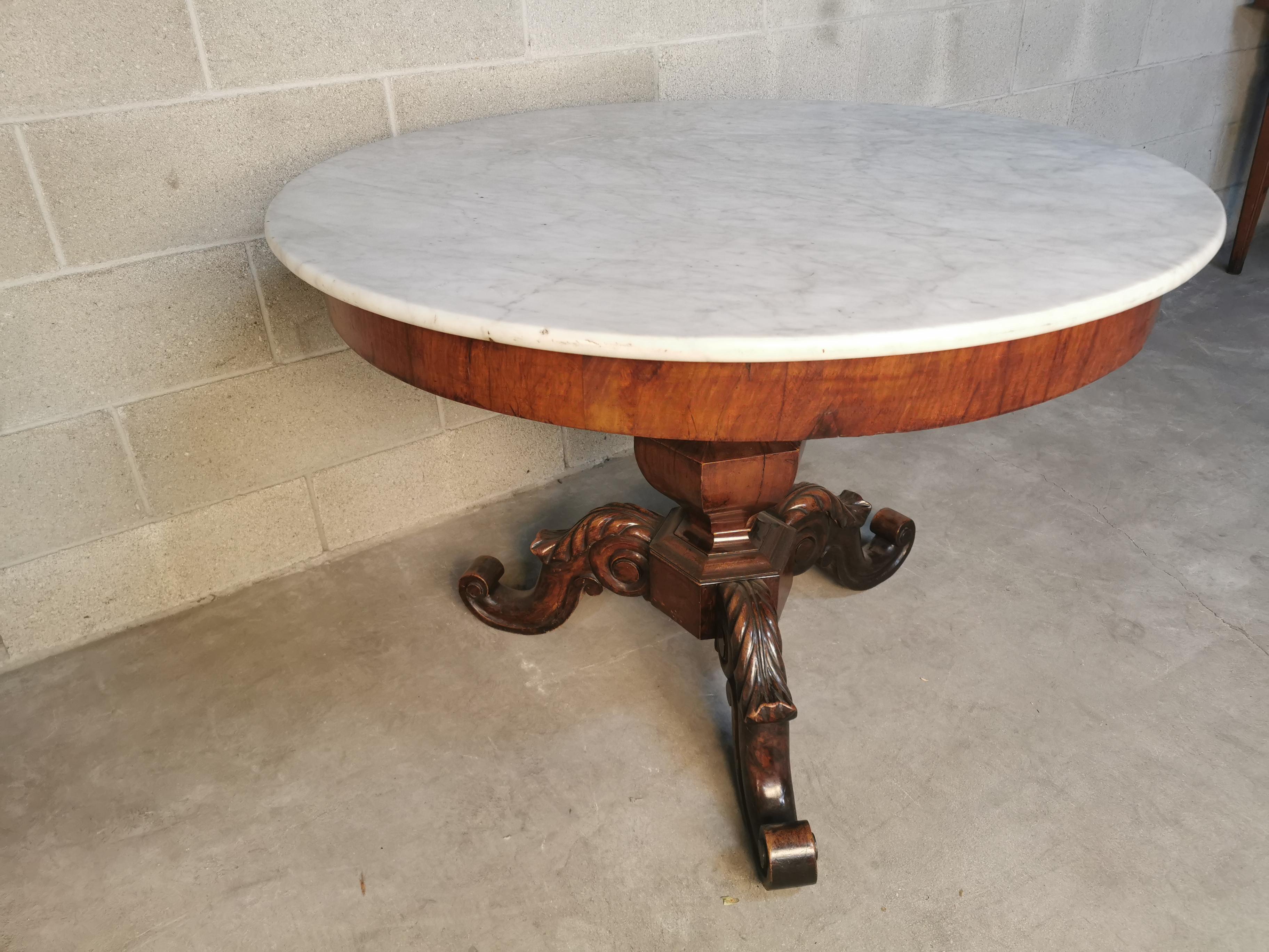 19th Century Round Dining Table with white marble top, Italian Carrara marble For Sale 2