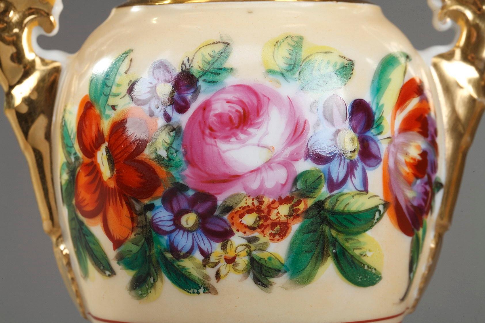 Hand-Painted 19th Century Louis-Philippe Etruscan Porcelain Vases with Floral Decoration