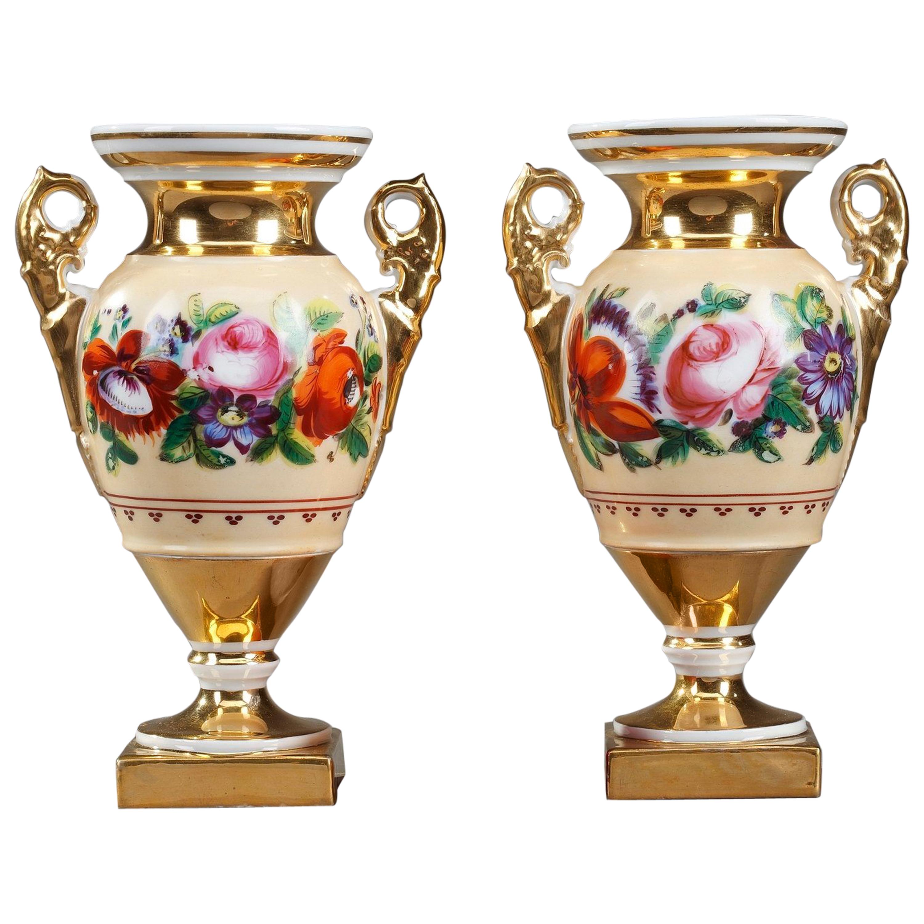 19th Century Louis-Philippe Etruscan Porcelain Vases with Floral Decoration
