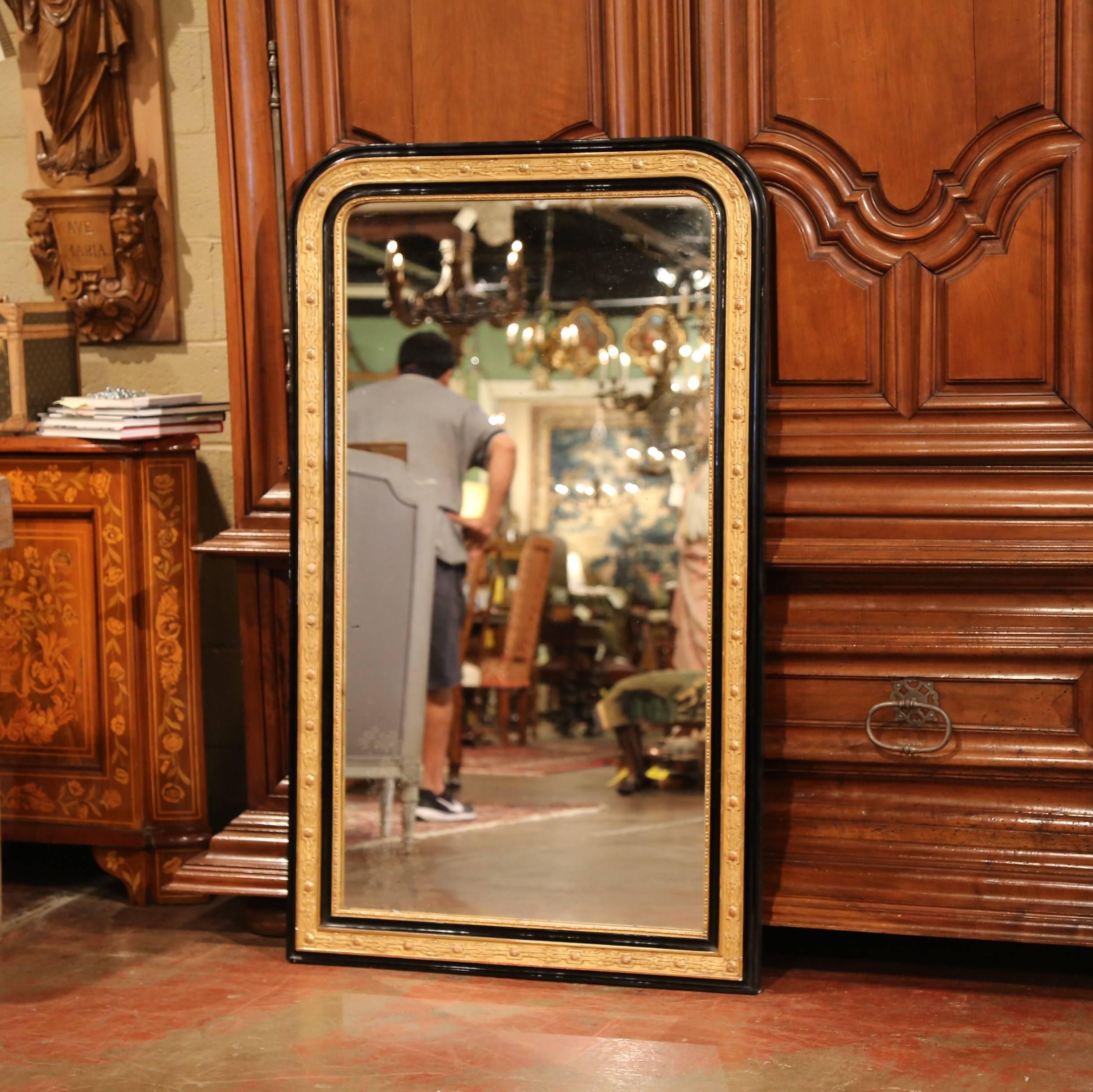 Hand-Carved 19th Century Louis Philippe Gilt and Black Lacquered Mirror with Floral Decor