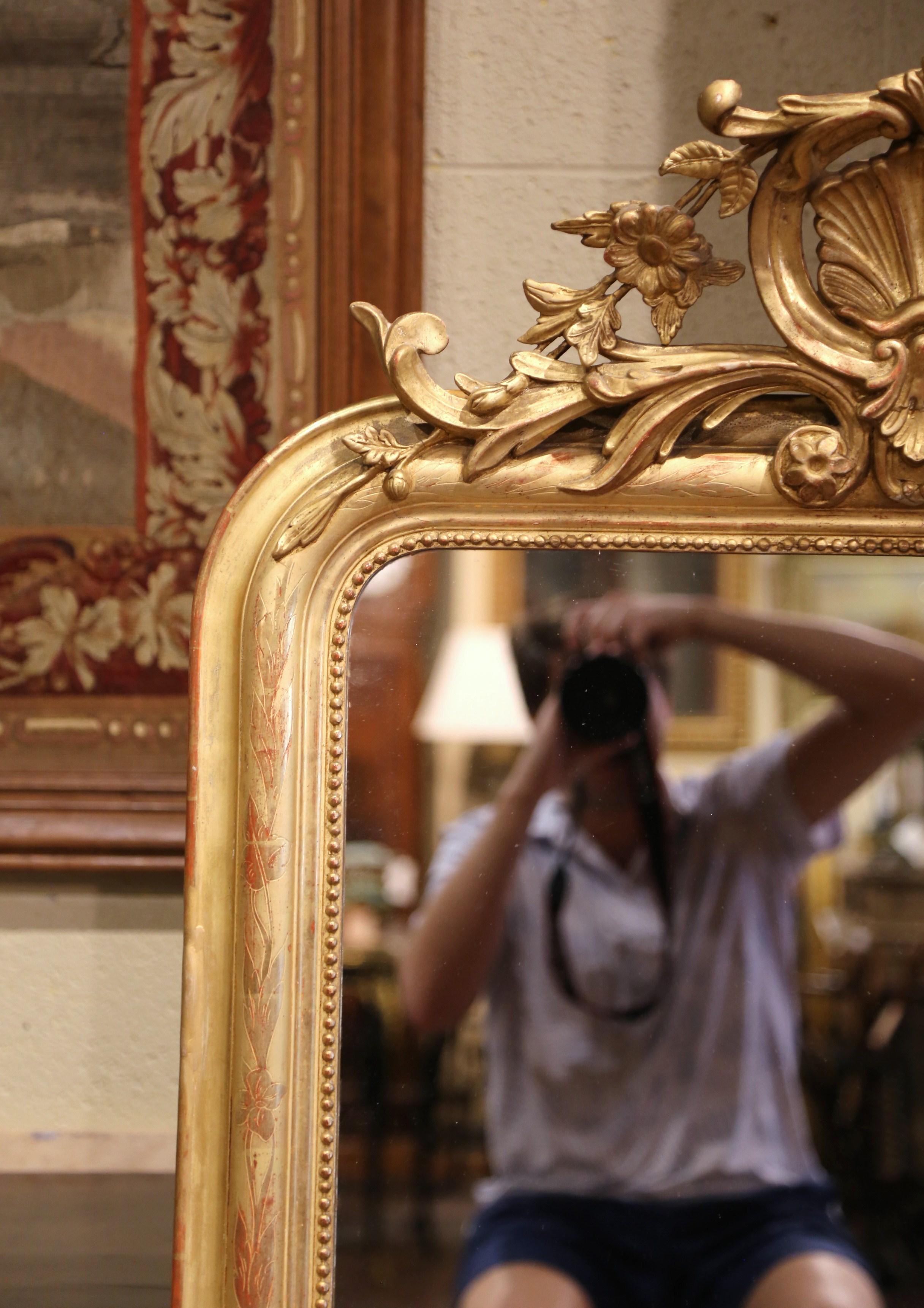 French 19th Century Louis Philippe Giltwood Mirror with Carved Shell & Engraved Motifs