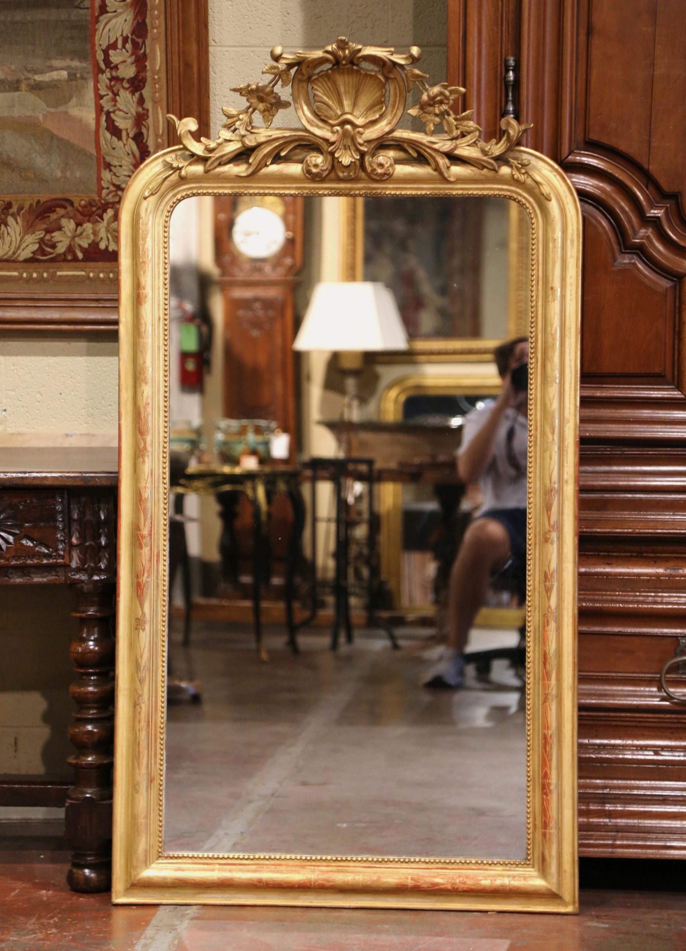 19th Century Louis Philippe Giltwood Mirror with Carved Shell & Engraved Motifs 1