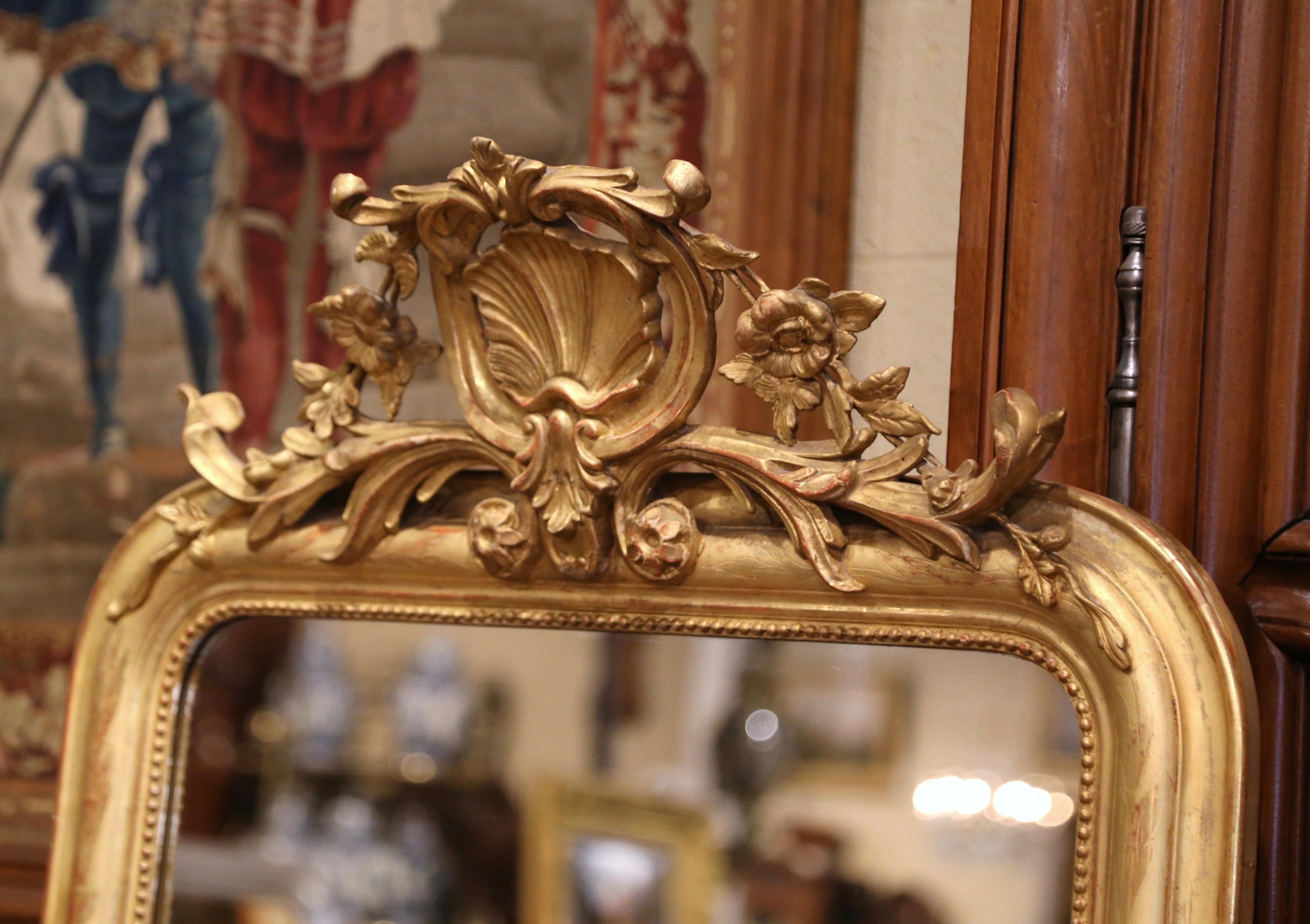 19th Century Louis Philippe Giltwood Mirror with Carved Shell & Engraved Motifs 2