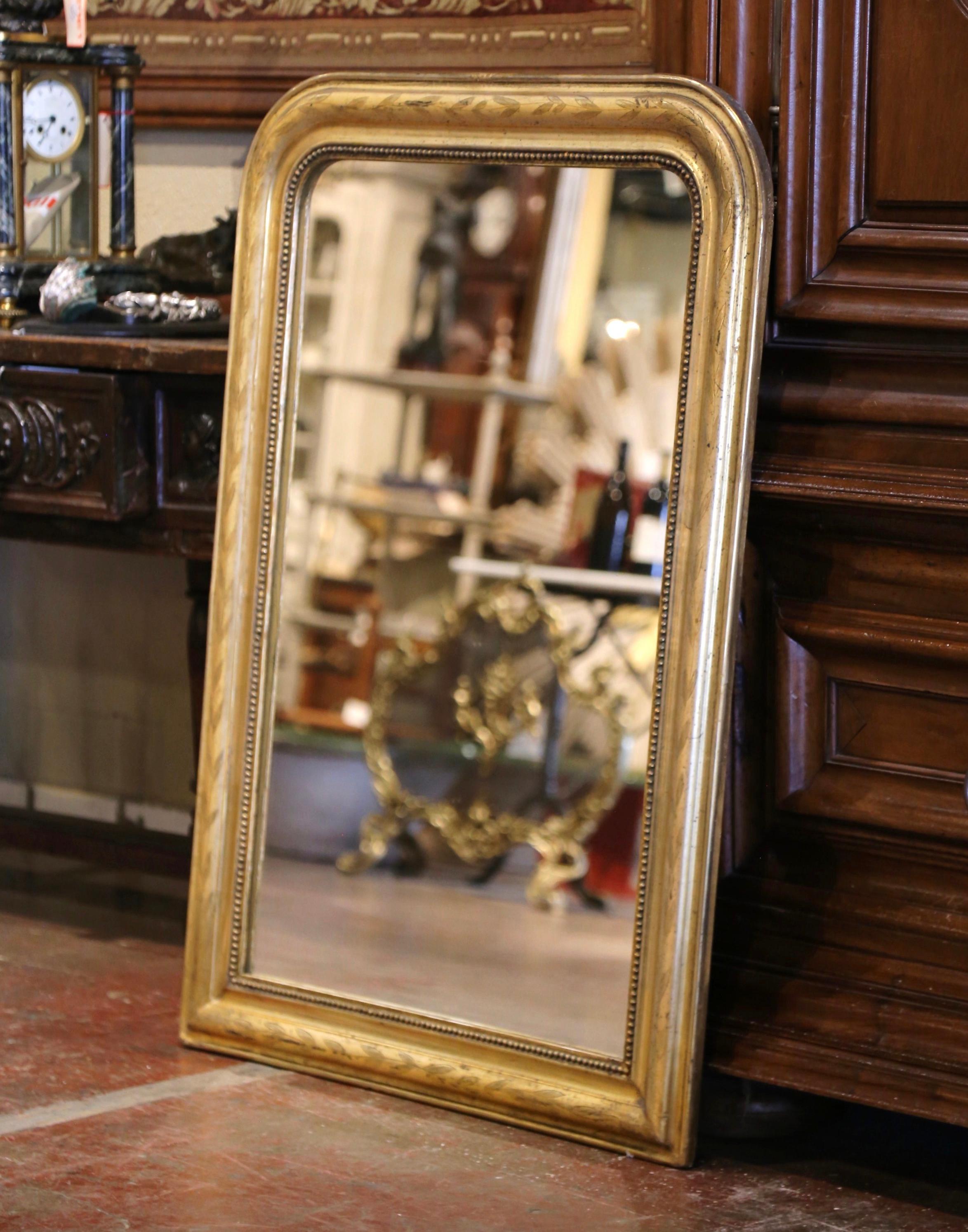 19th Century Louis Philippe Giltwood Wall Mirror with Engraved Laurel Leaf Motif 1