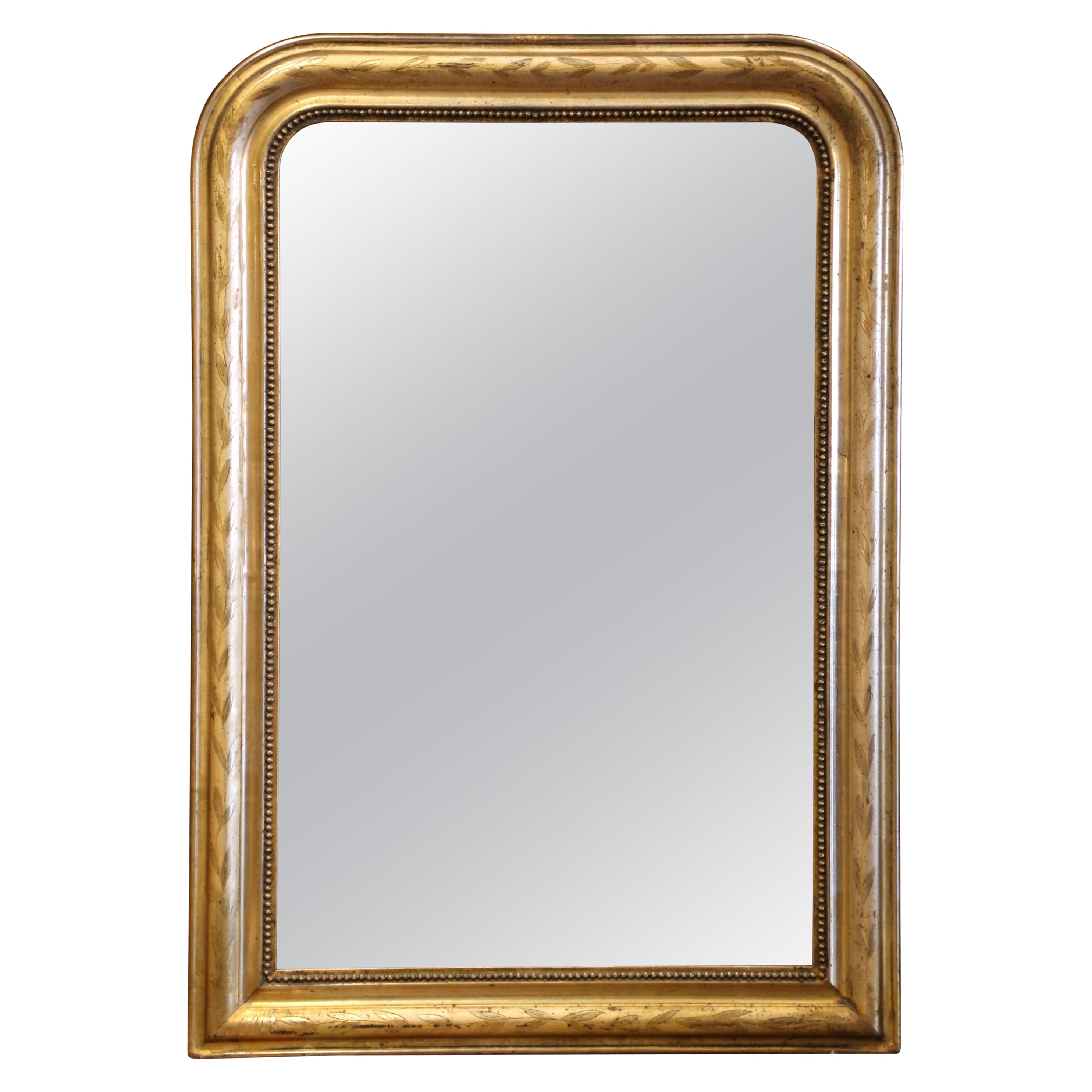 19th Century Louis Philippe Giltwood Wall Mirror with Engraved Laurel Leaf Motif