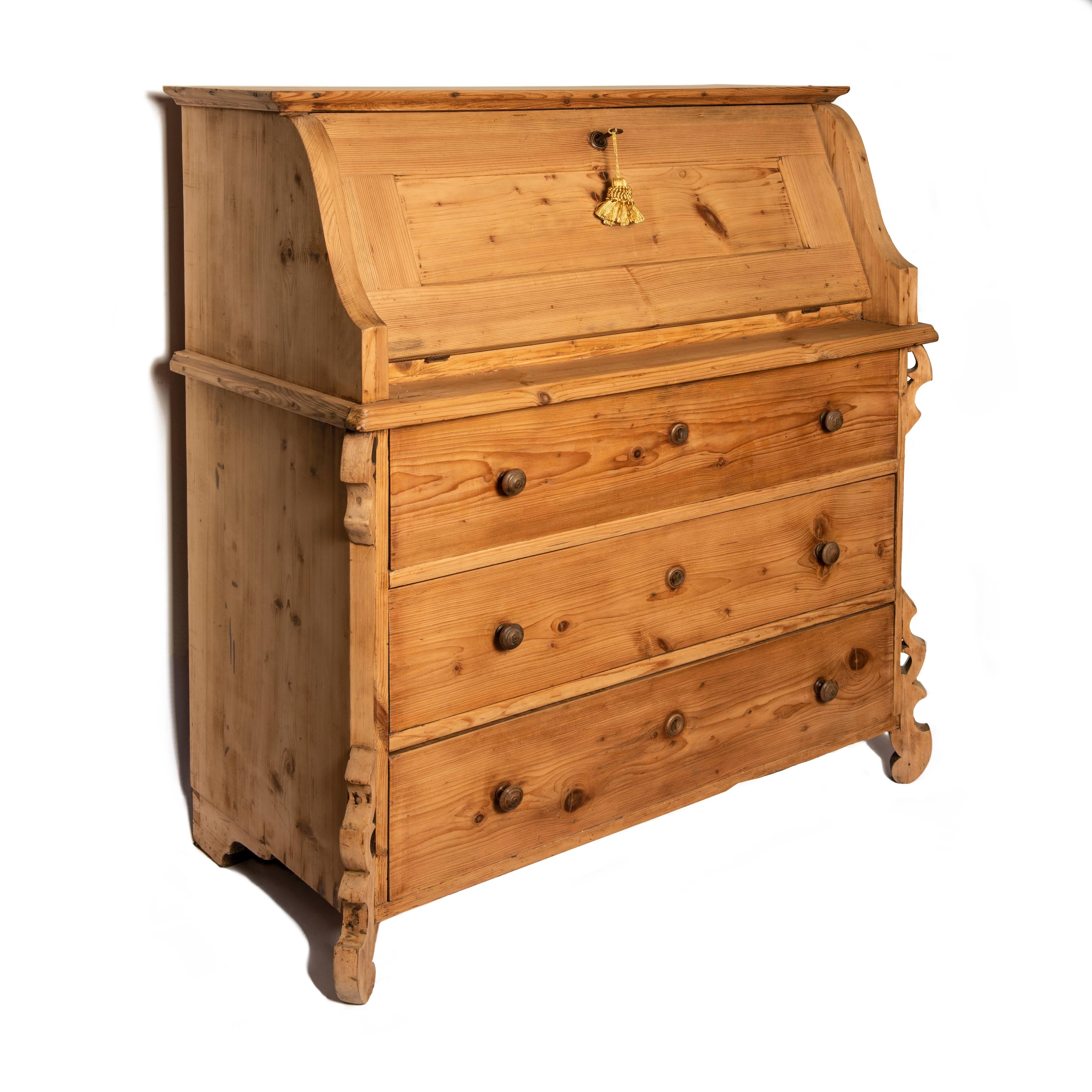 Carved 19th Century Louis Philippe Larch Drop-Front Bureau from Italian Alps Mountains