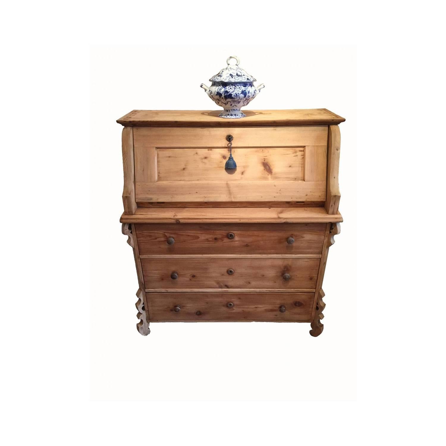 19th Century Louis Philippe Larch Drop-Front Bureau from Italian Alps Mountains 1