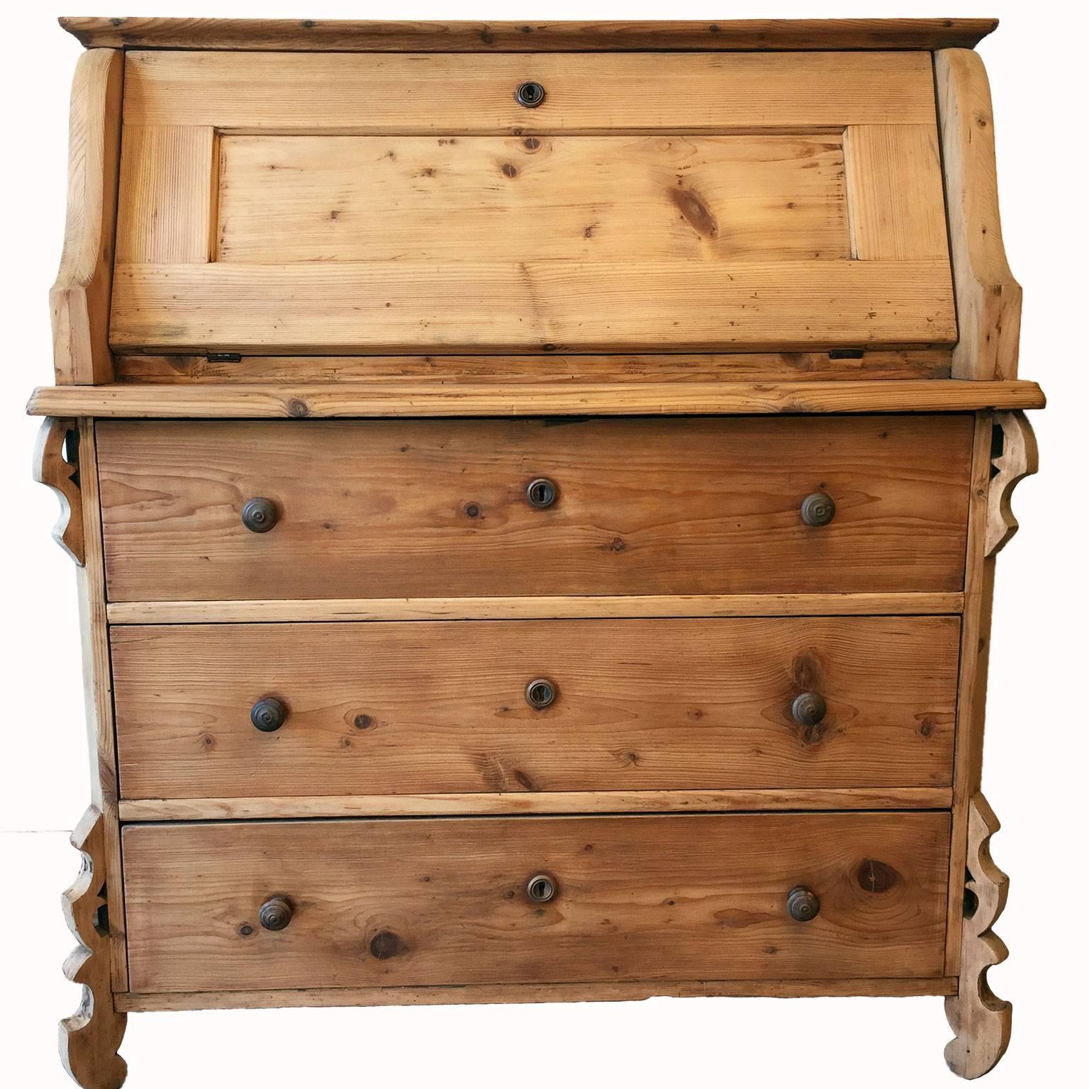 19th Century Louis Philippe Larch Drop-Front Bureau from Italian Alps Mountains 2