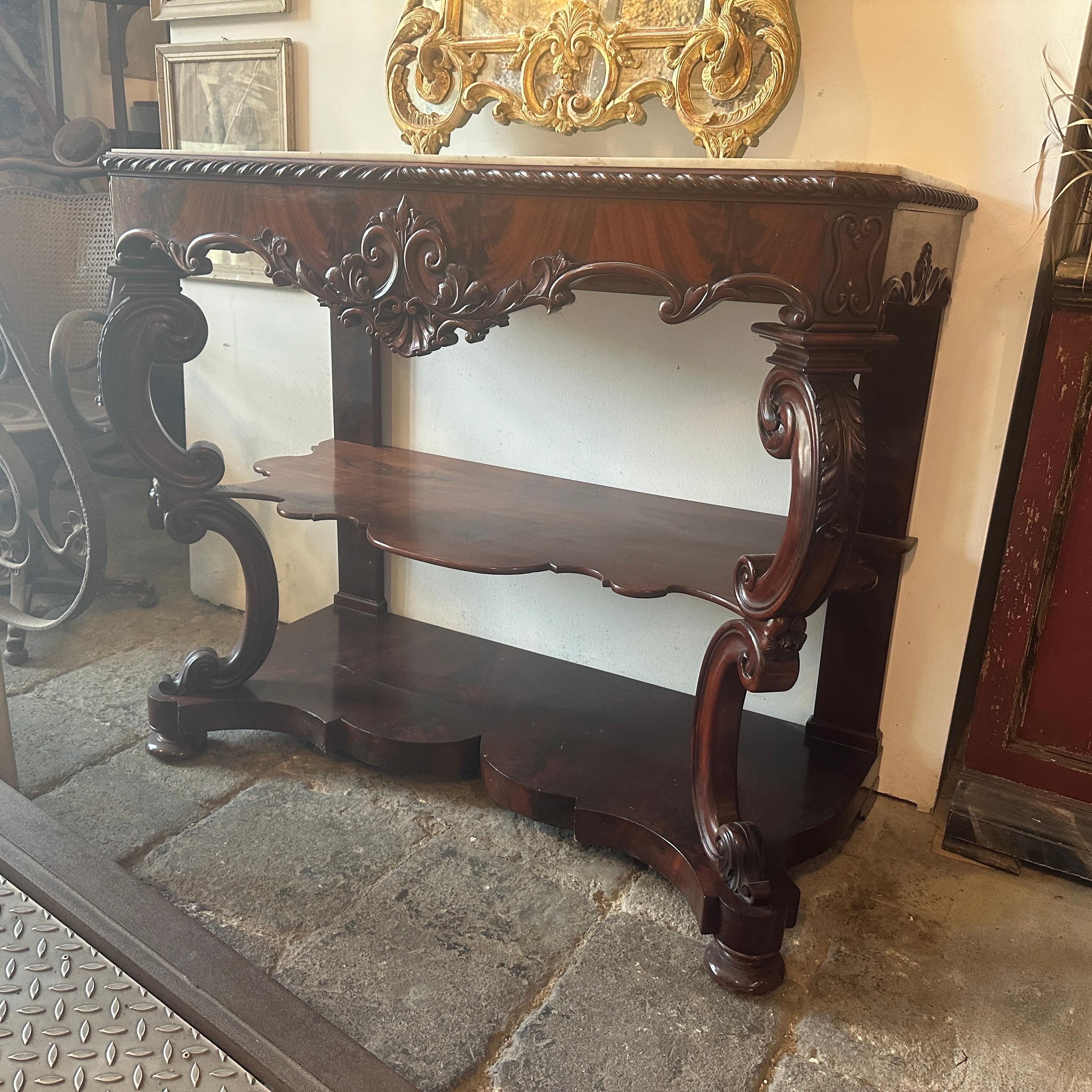 Hand-Crafted 19th Century Louis Philippe Mahogany and Carrara Marble Italian Console For Sale