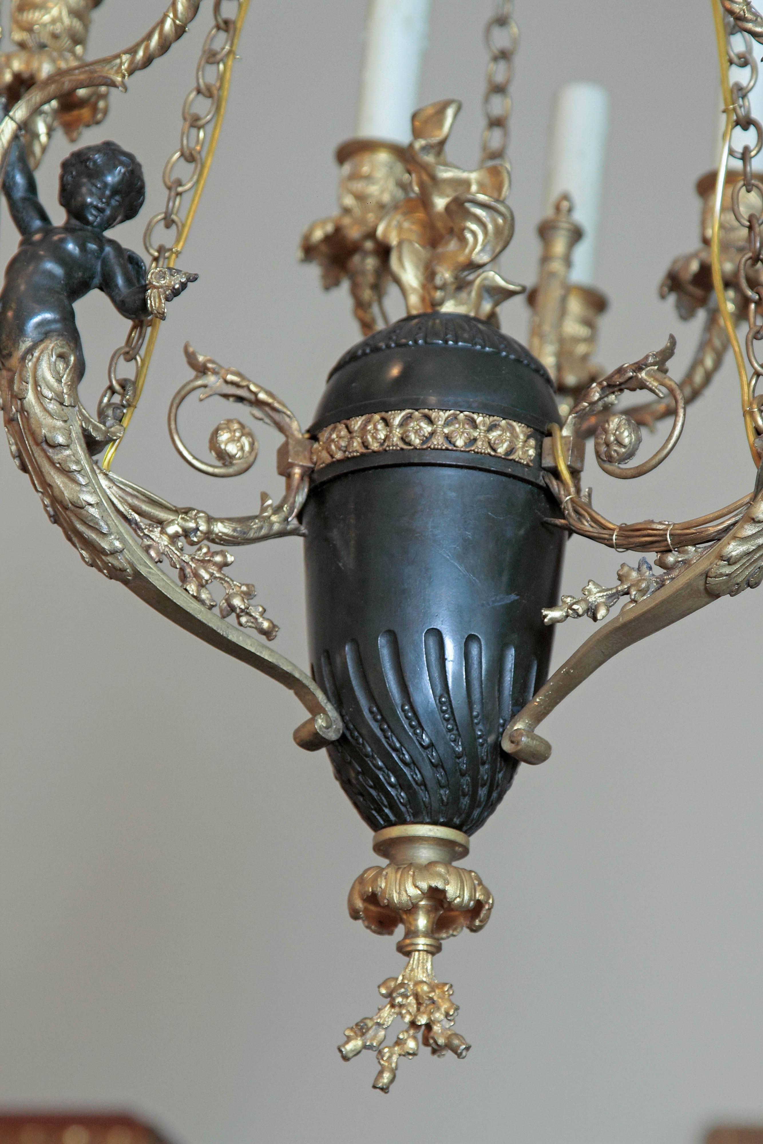 19th century French gilt bronze and patinated bronze powder room chandelier. Putti holding up light branches. Fine quality.