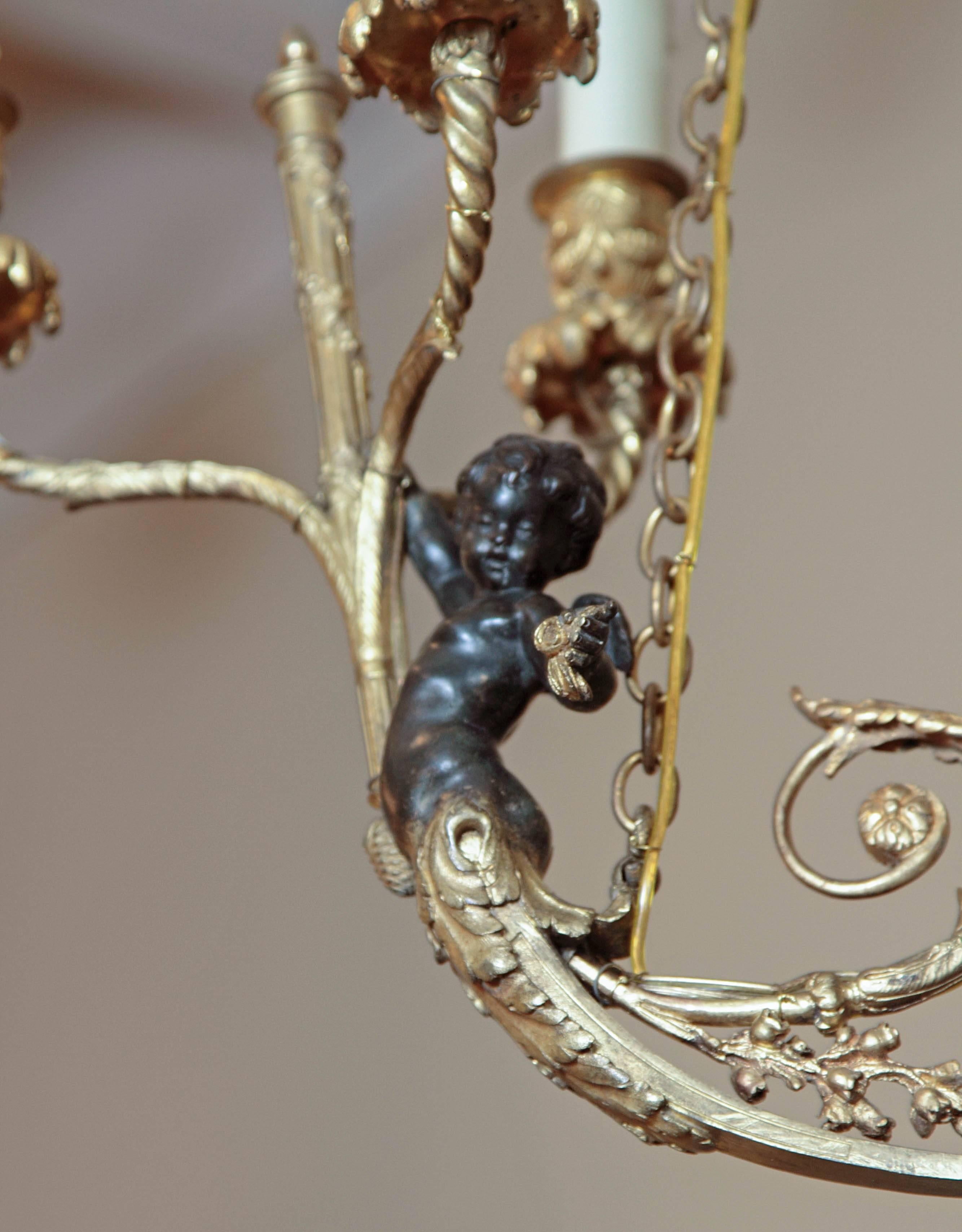 19th Century Louis Philippe Patinated Bronze and Gilt Bronze Cherub Chandelier 2