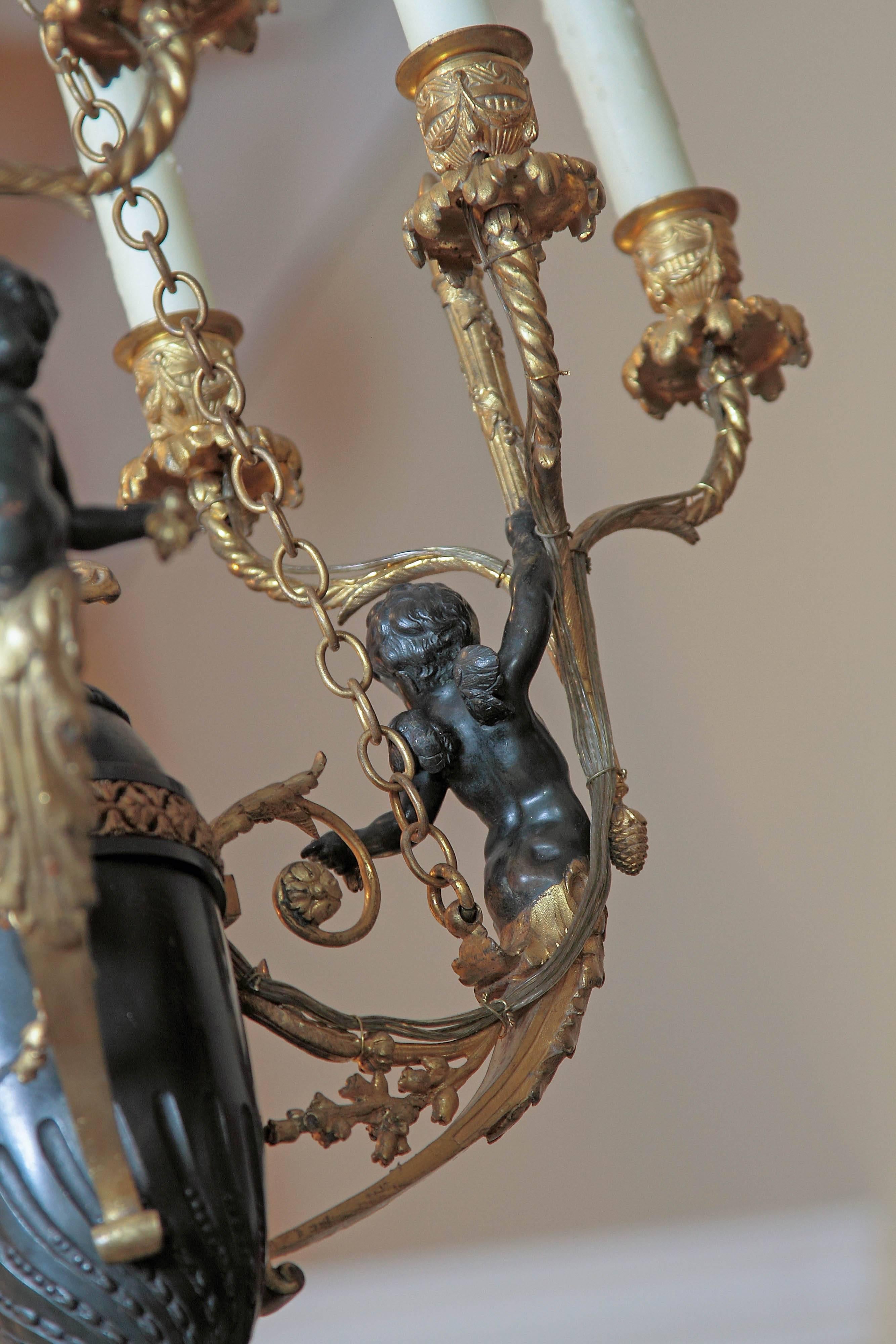 19th Century Louis Philippe Patinated Bronze and Gilt Bronze Cherub Chandelier 5