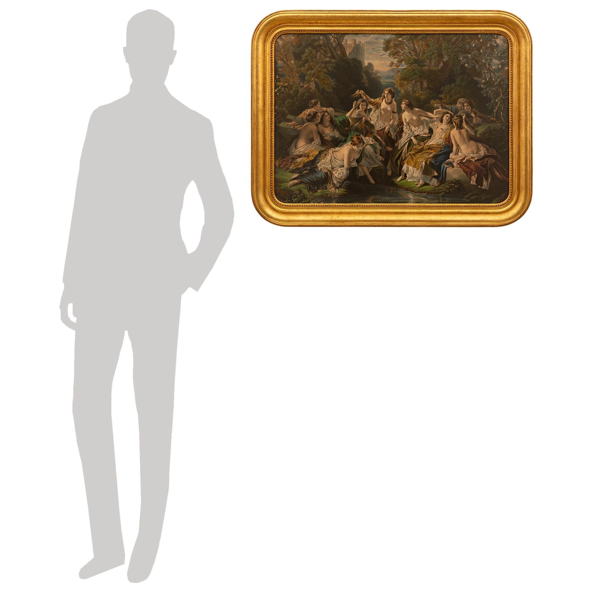Une élégante estampe encadrée en bois doré d'époque Louis Philippe, d'après Winterhalter, de haute qualité, datant du XIXe siècle continental. Cette étonnante estampe signée et datée de 1859 représente un épisode de la légende de Roderick, le