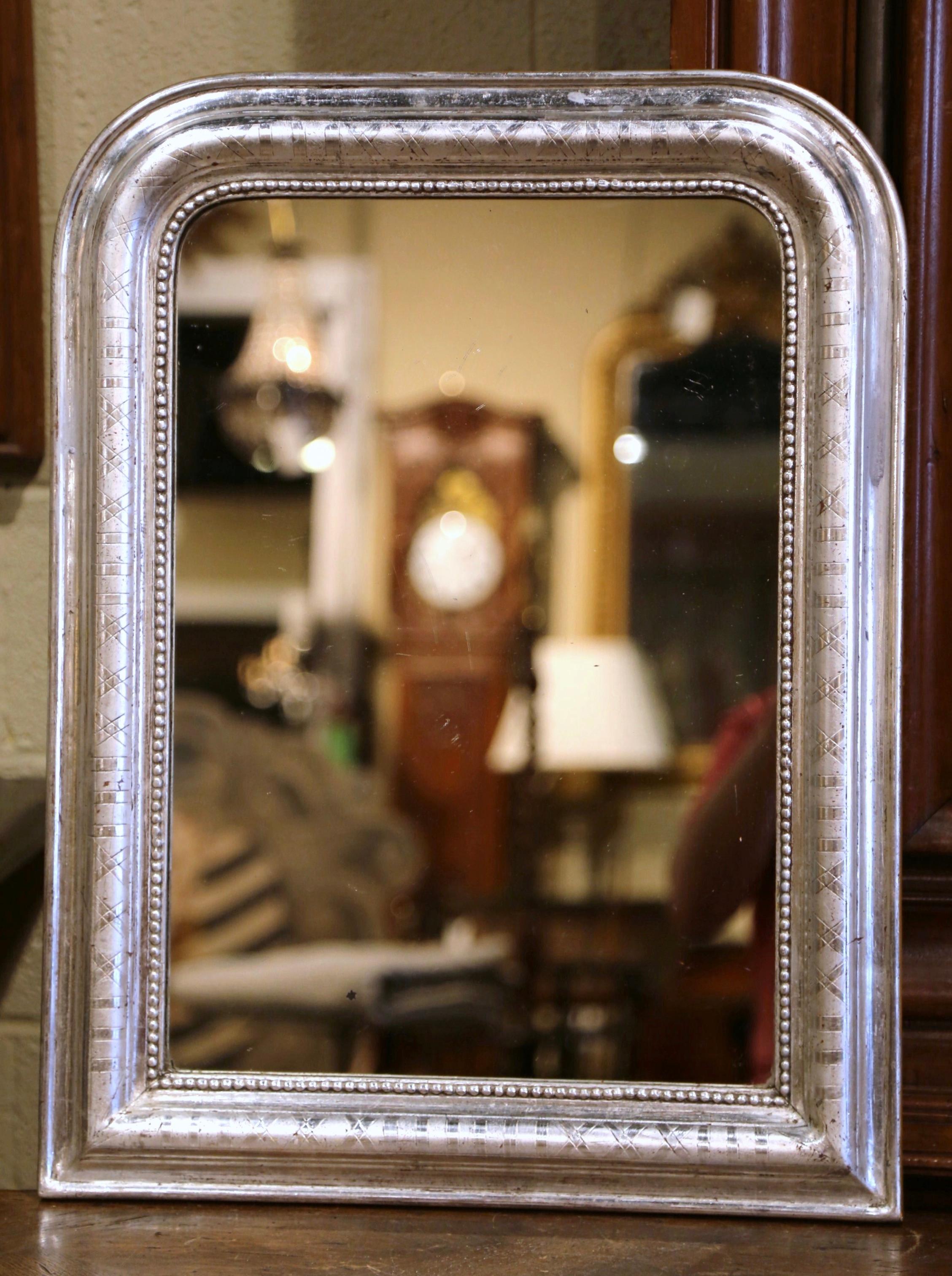 Mercury Glass 19th Century Louis Philippe Silver Leaf Mirror with Engraved Geometric Motifs For Sale