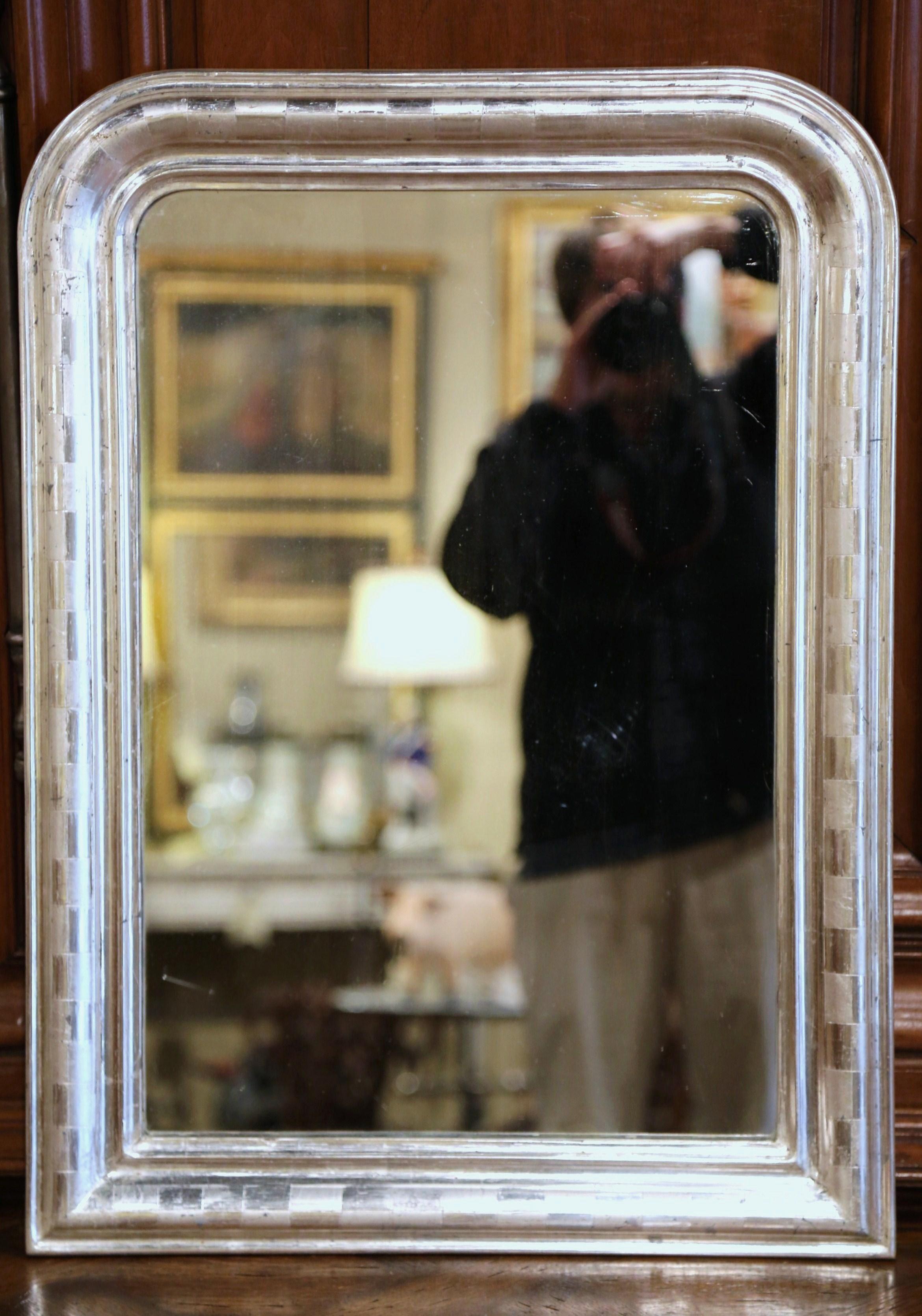 Hand-Crafted 19th Century Louis Philippe Silver Leaf Mirror with Engraved Stripe Decor