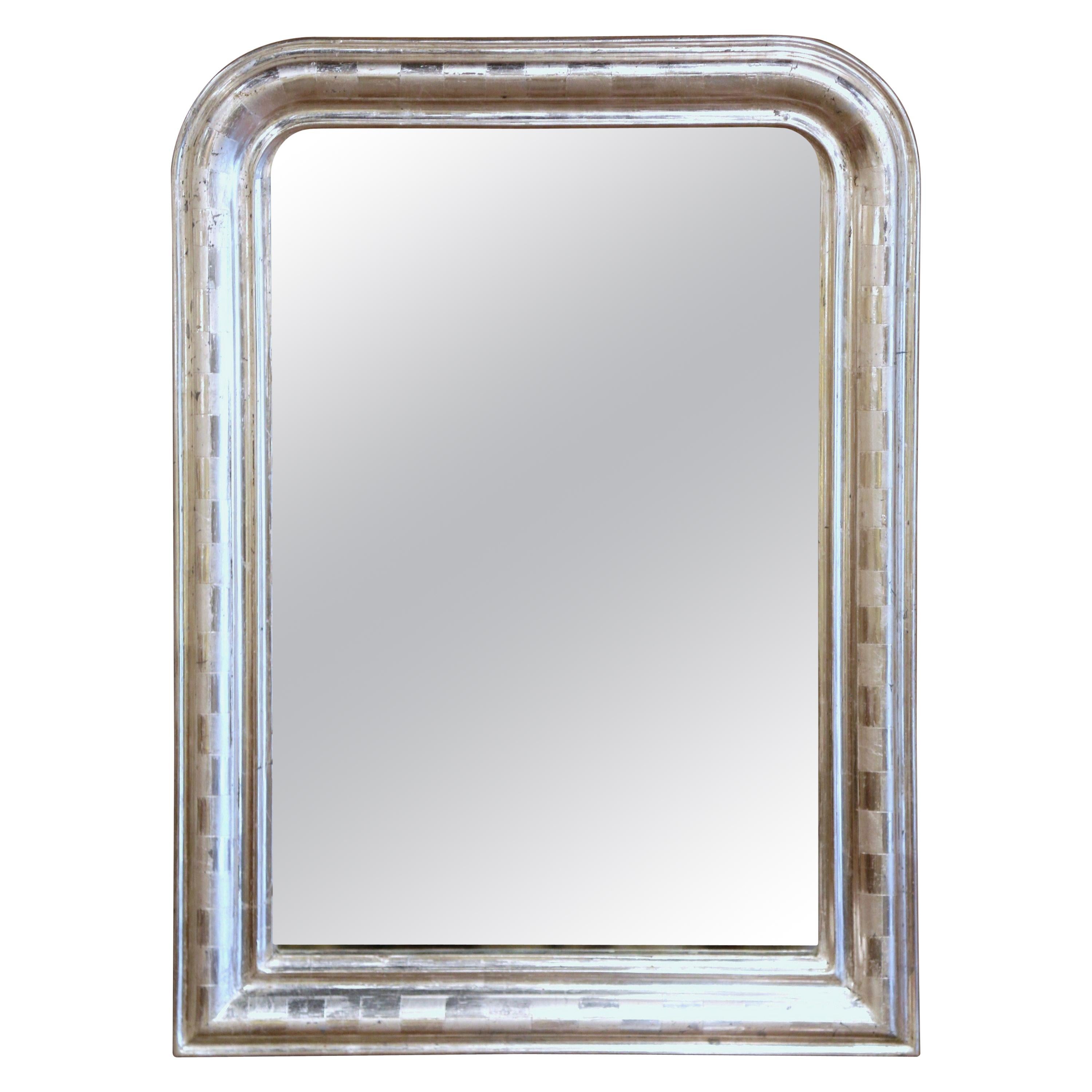 19th Century Louis Philippe Silver Leaf Mirror with Engraved Stripe Decor