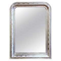 Antique 19th Century Louis Philippe Silver Leaf Mirror with Engraved Stripe Decor