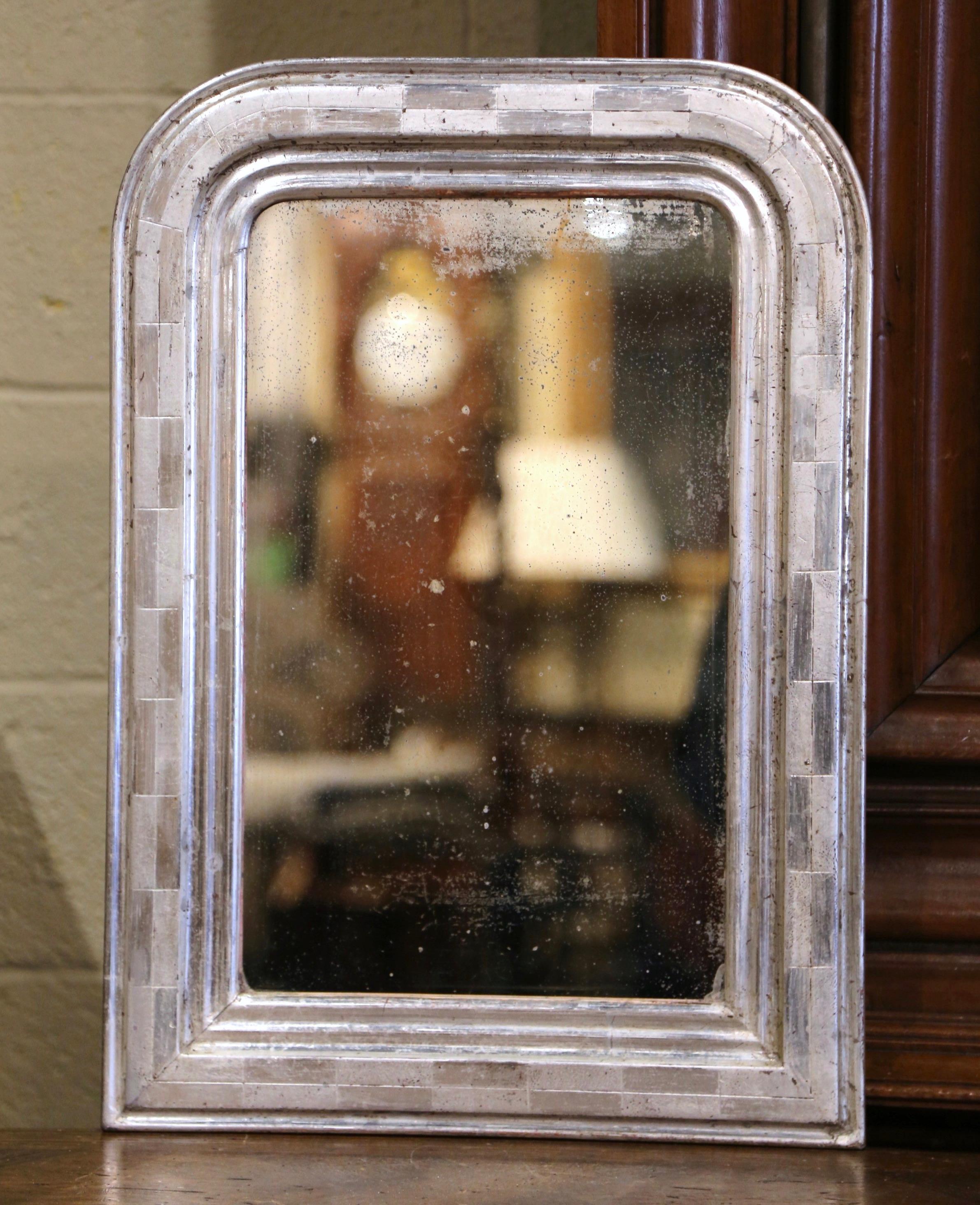 Mercury Glass 19th Century Louis Philippe Silver Leaf Wall Mirror with Engraved Checker Decor For Sale