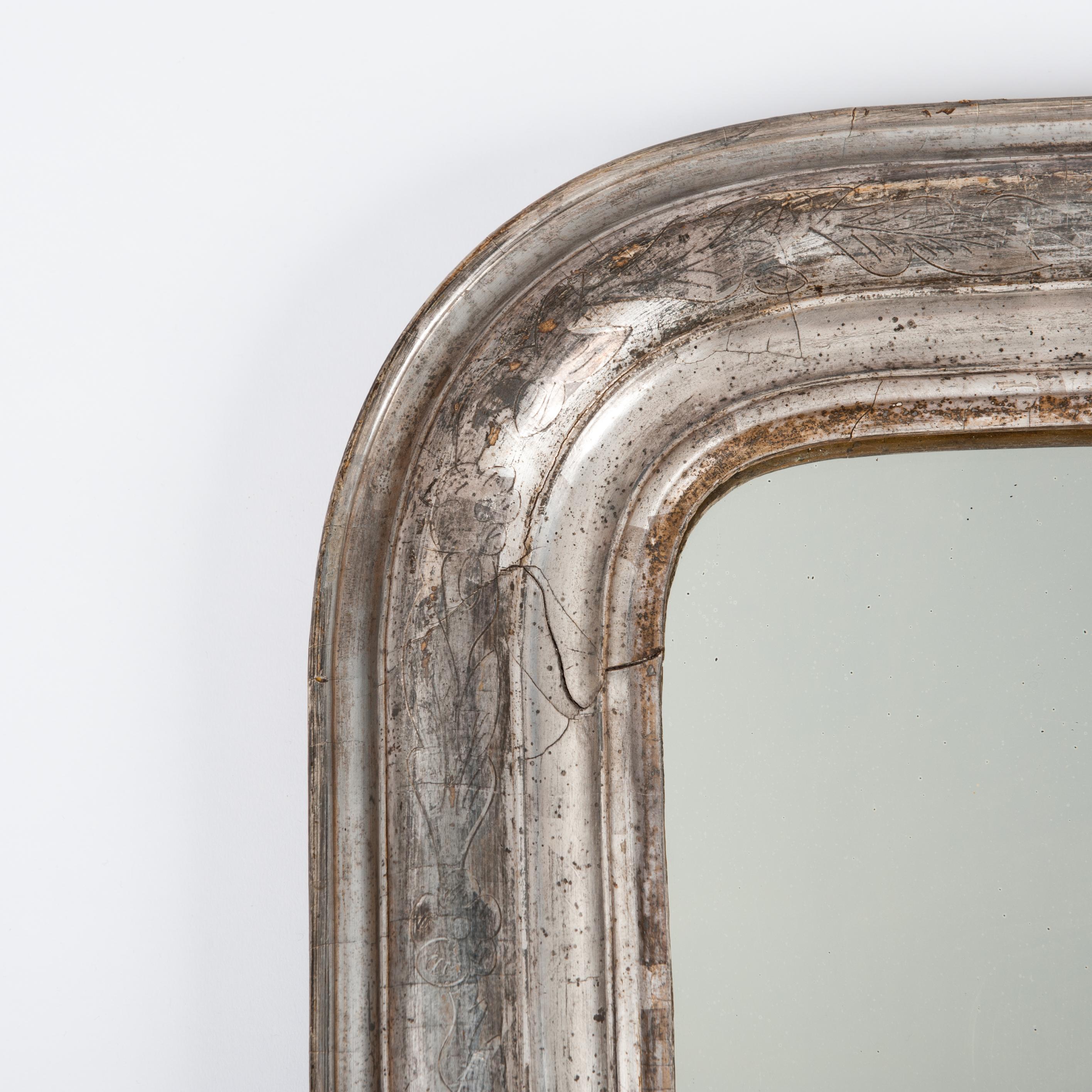 Hand-Crafted 19th Century Louis Philippe Silver Mirror with Floral Pattern