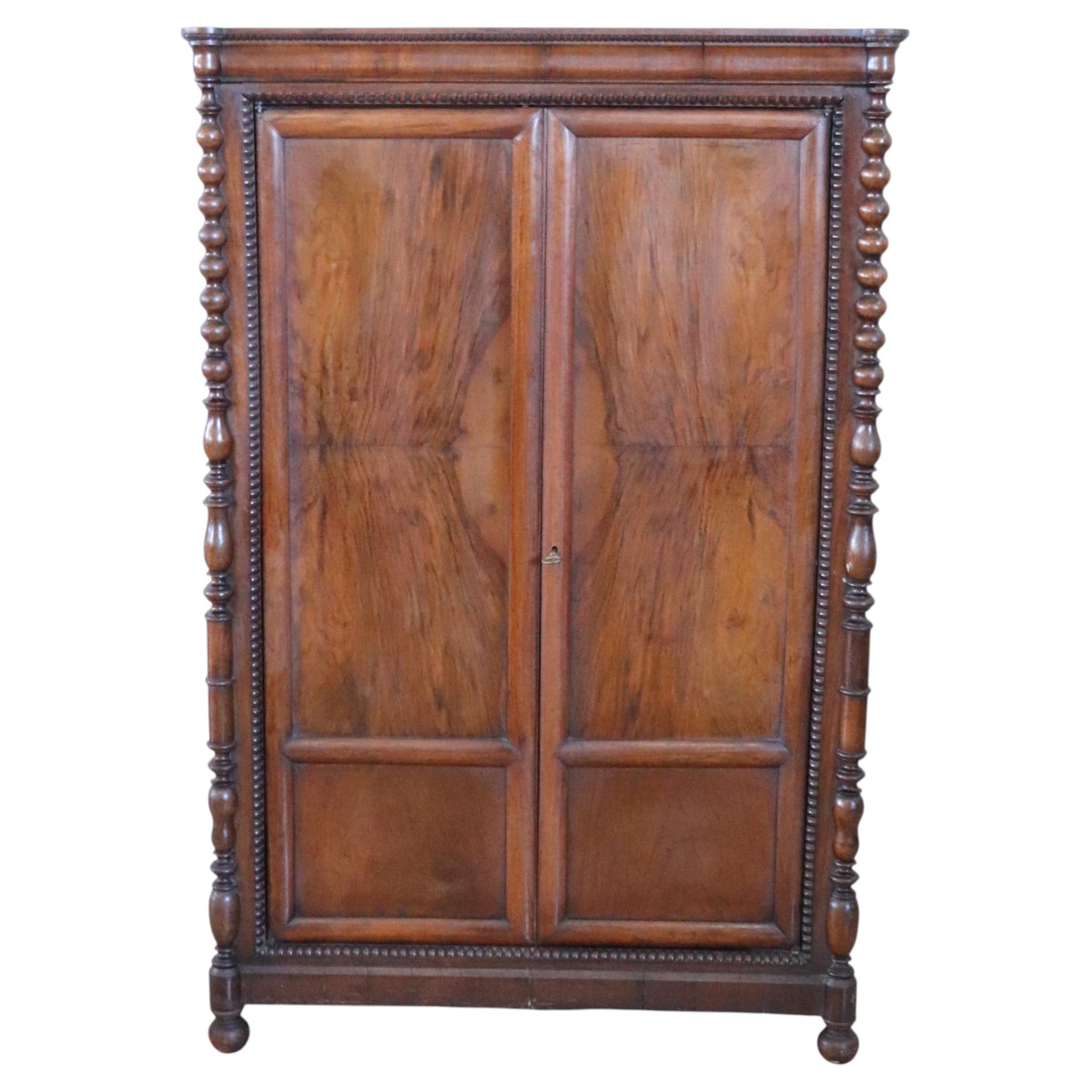 19th Century Louis Philippe Solid Walnut Antique Small Wardrobe For Sale