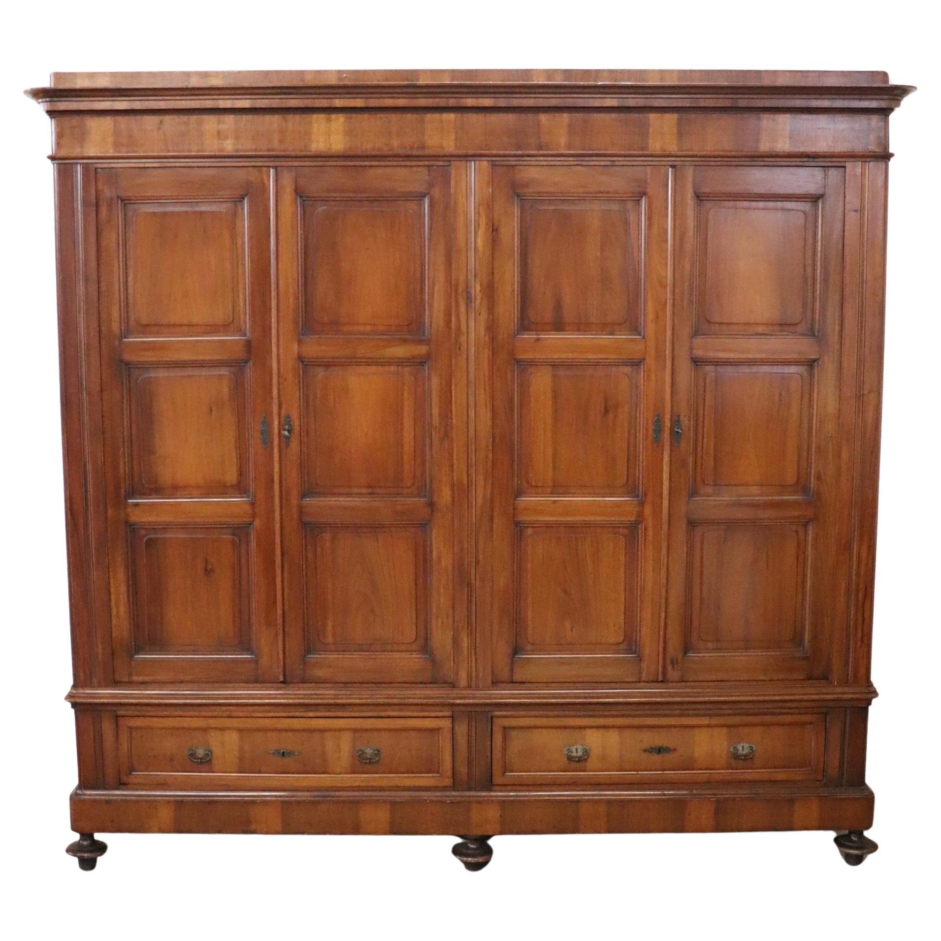 19th Century Louis Philippe Solid Walnut Wood Antique Large 4 Doors Wardrobe For Sale