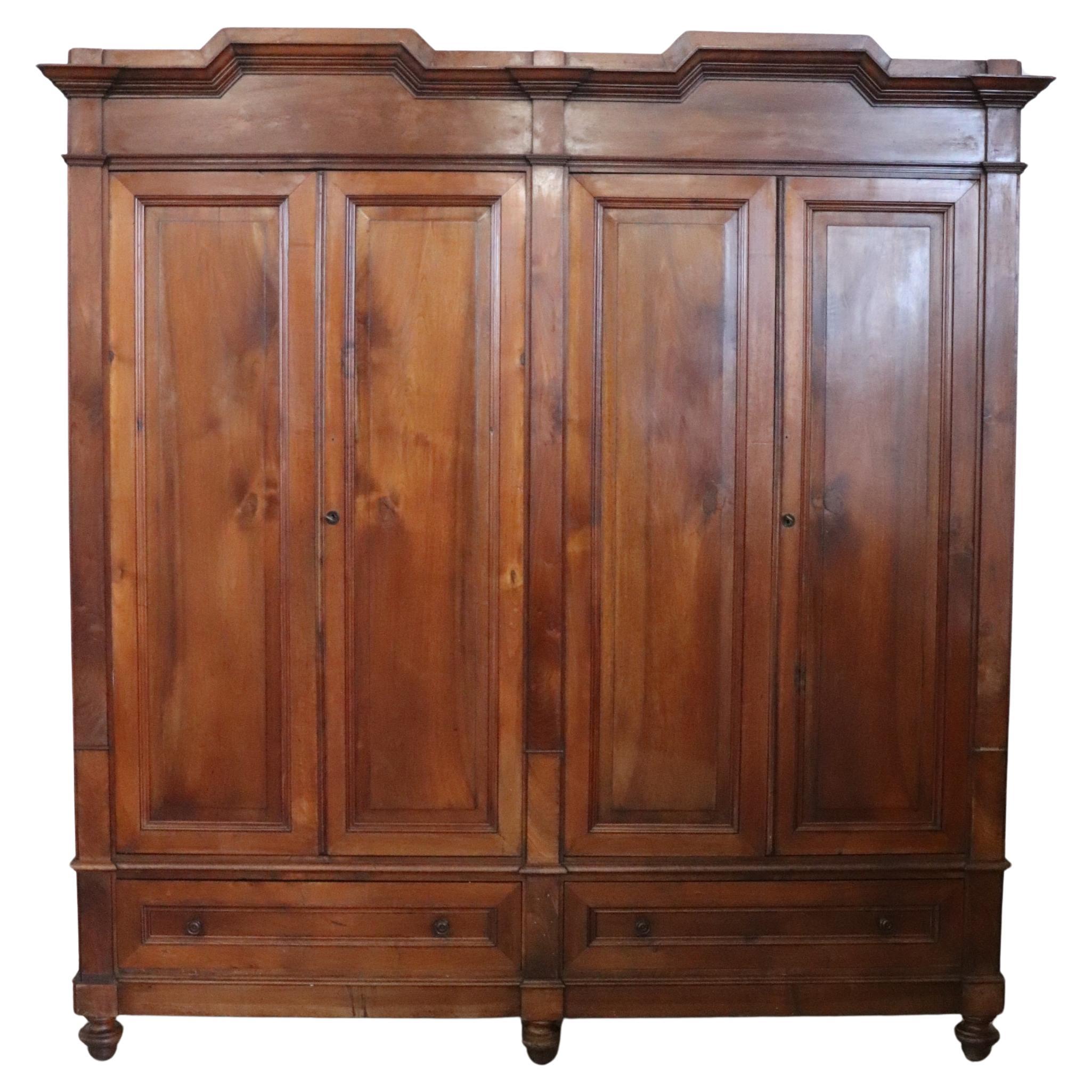 19th Century Louis Philippe Solid Walnut Wood Antique Large Wardrobe, 4 Doors For Sale