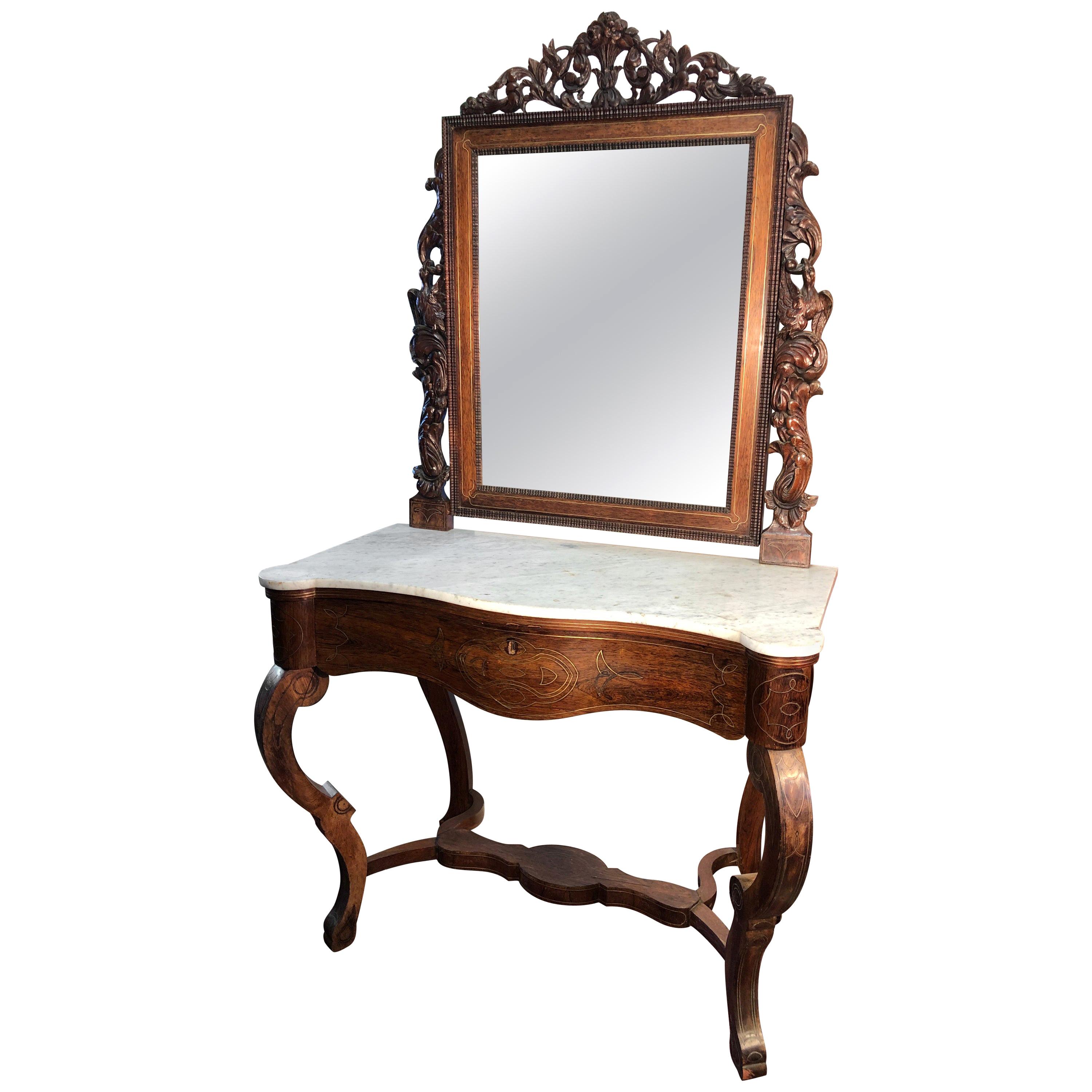 19th Century Louis Philippe Spanish Rosewood Inlaid Marble-Top Console, 1840s