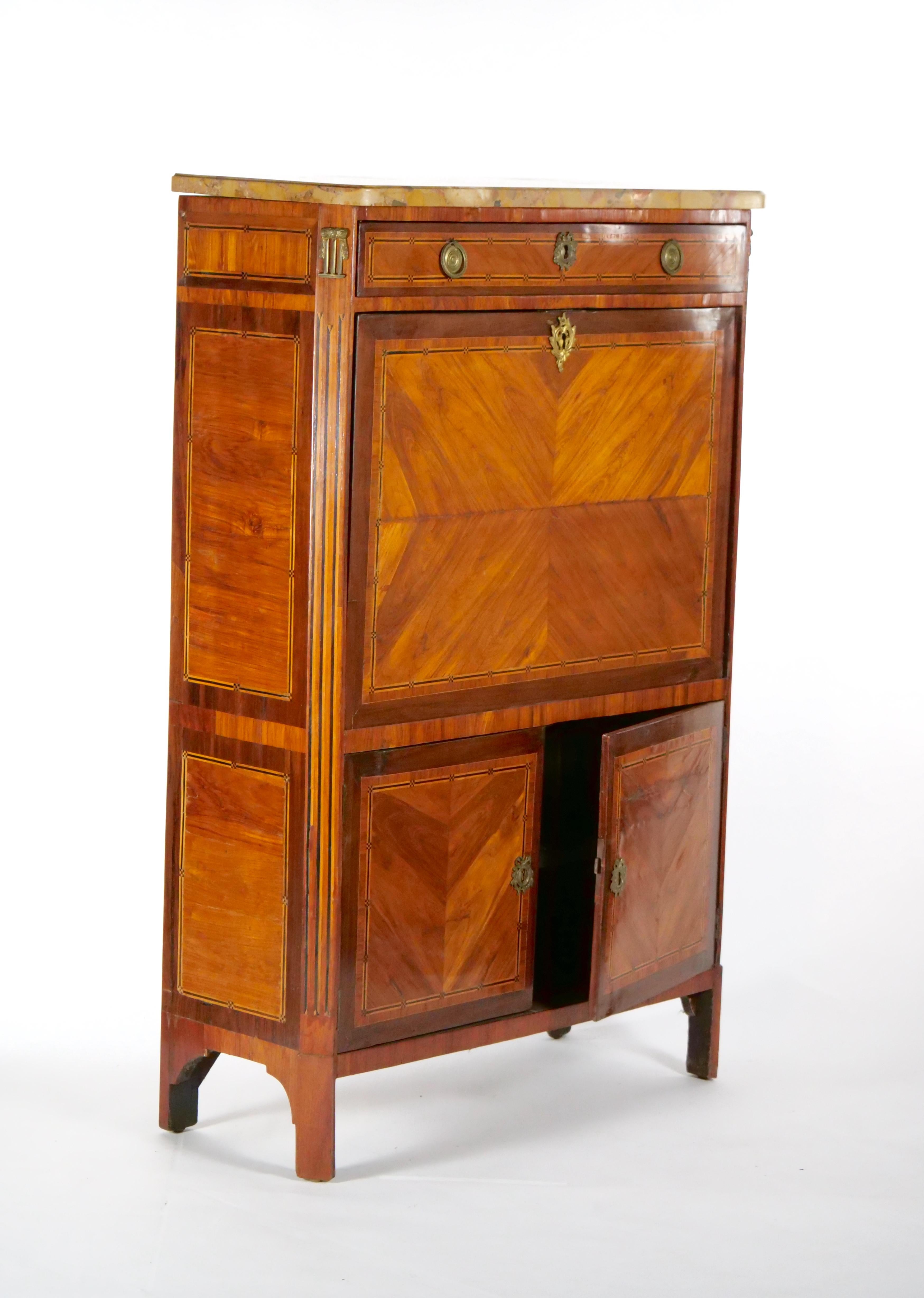 Beautiful craftsmanship Louis XV style secretary chest cabinet desk in a satin / burl wood with exterior front inlay decoration. The secretary features lot of storage drawers above fall-front, followed by additional lower part storage space .