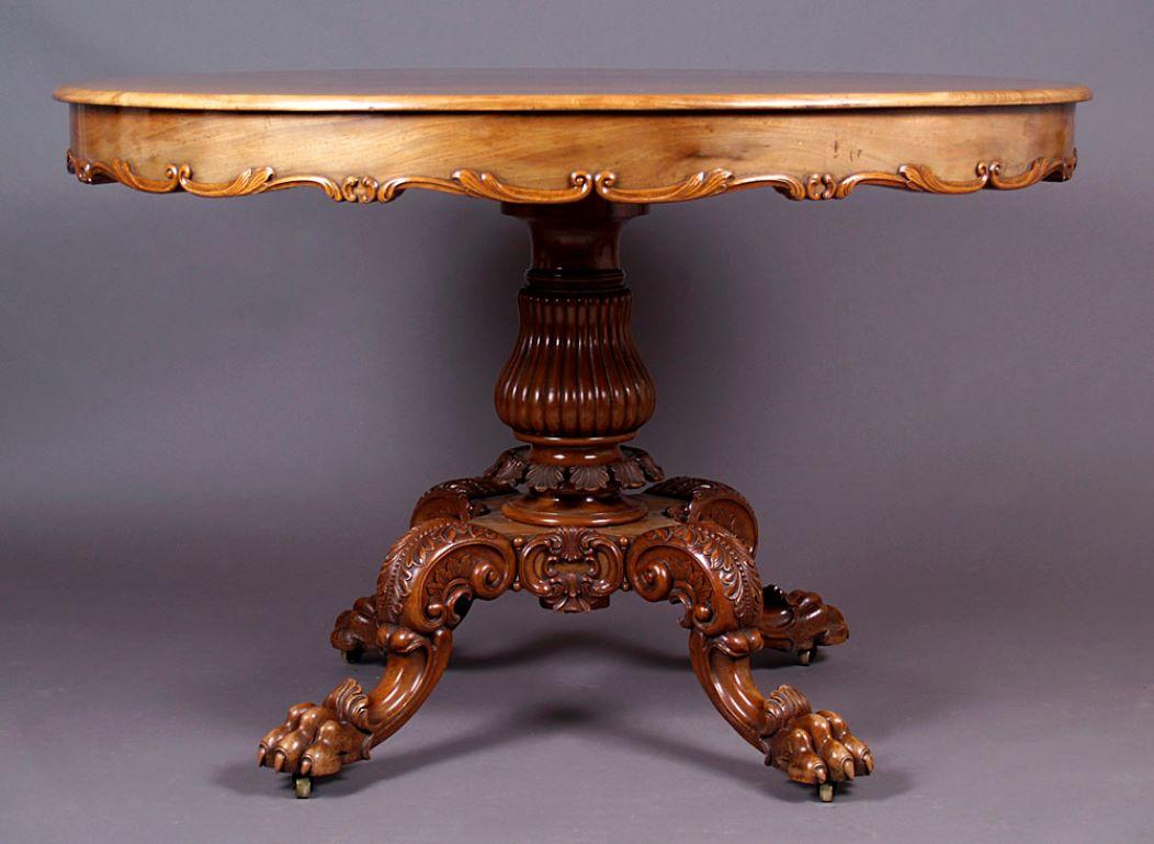 Carved 19th Century Louis Philippe Style Round Table on Lion's Paws For Sale